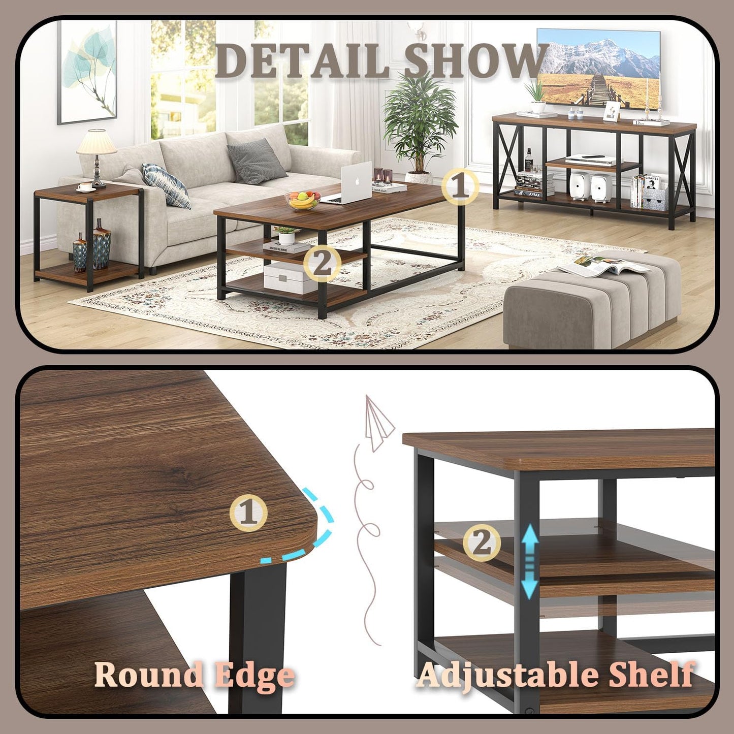 EXCEFUR Modern Coffee Table, Rustic Wood and Metal Center Table for Living Room, Industrial Rectangle Cocktail Tea Table with Storage Shelf, Walnut, 47 Inch