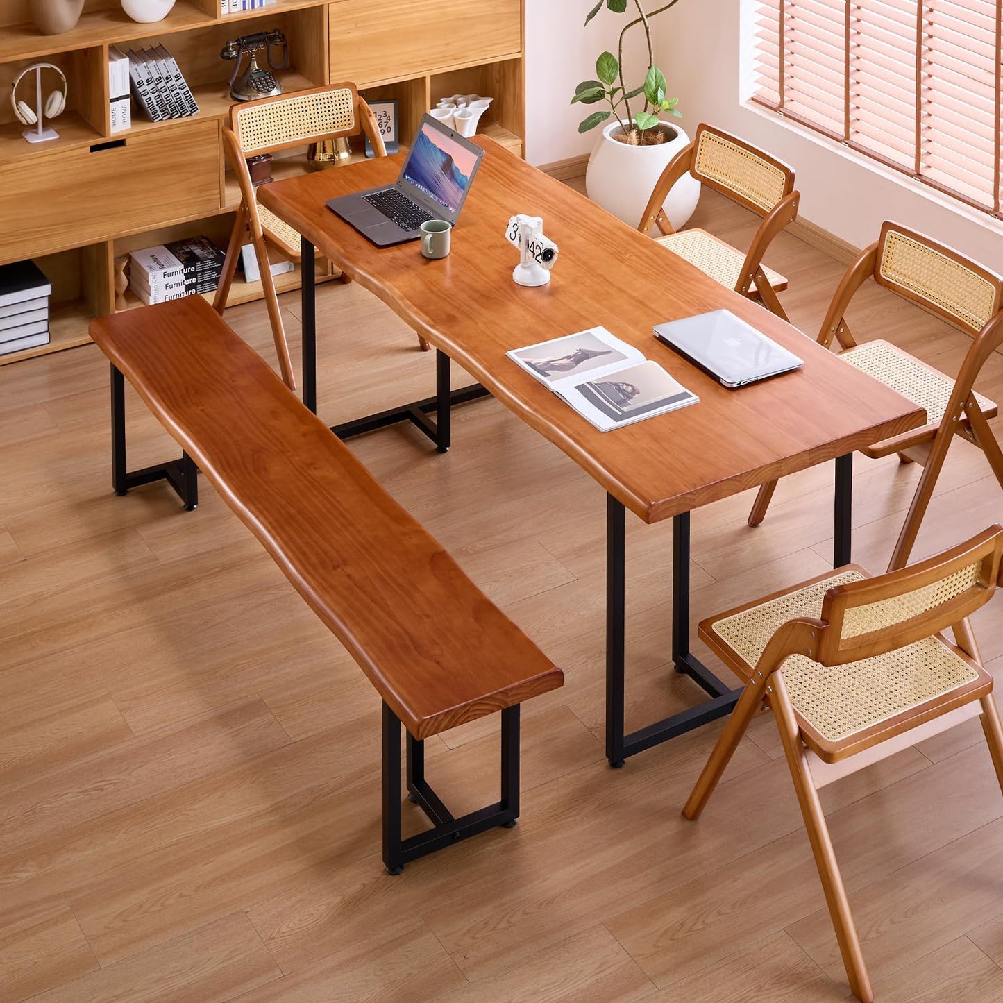 Durable Solid Wood Top Bench with Metal Triangular Legs – Stylish Long Dining Bench for Home, Office, Restaurant & Patio Chair (Wooden Brown Bench, 62.99in)