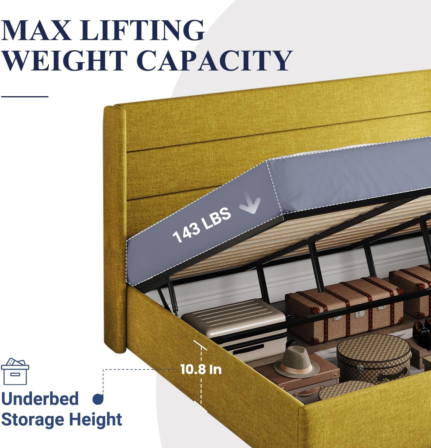 Allewie King Size Lift Up Storage Bed, Modern Wingback Headboard, Hydraulic Support, No Box Spring Needed, Olive Yellow