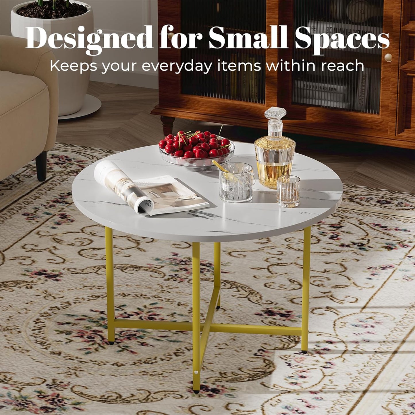 Round Coffee Table, Small Coffee Tables for Living Room, Wood Coffee Table with Metal Frame, Floor Table Desk for Sitting on The Floor, Home, Office, Farmhouse, White & Gold (23.6"D x 17.7"H)