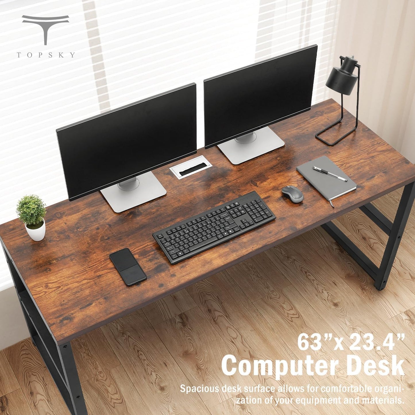 TOPSKY Computer Desk with Bookshelf/Metal Hole Cable Cover 1.18" Thick Desk (Oak Brown, 63")