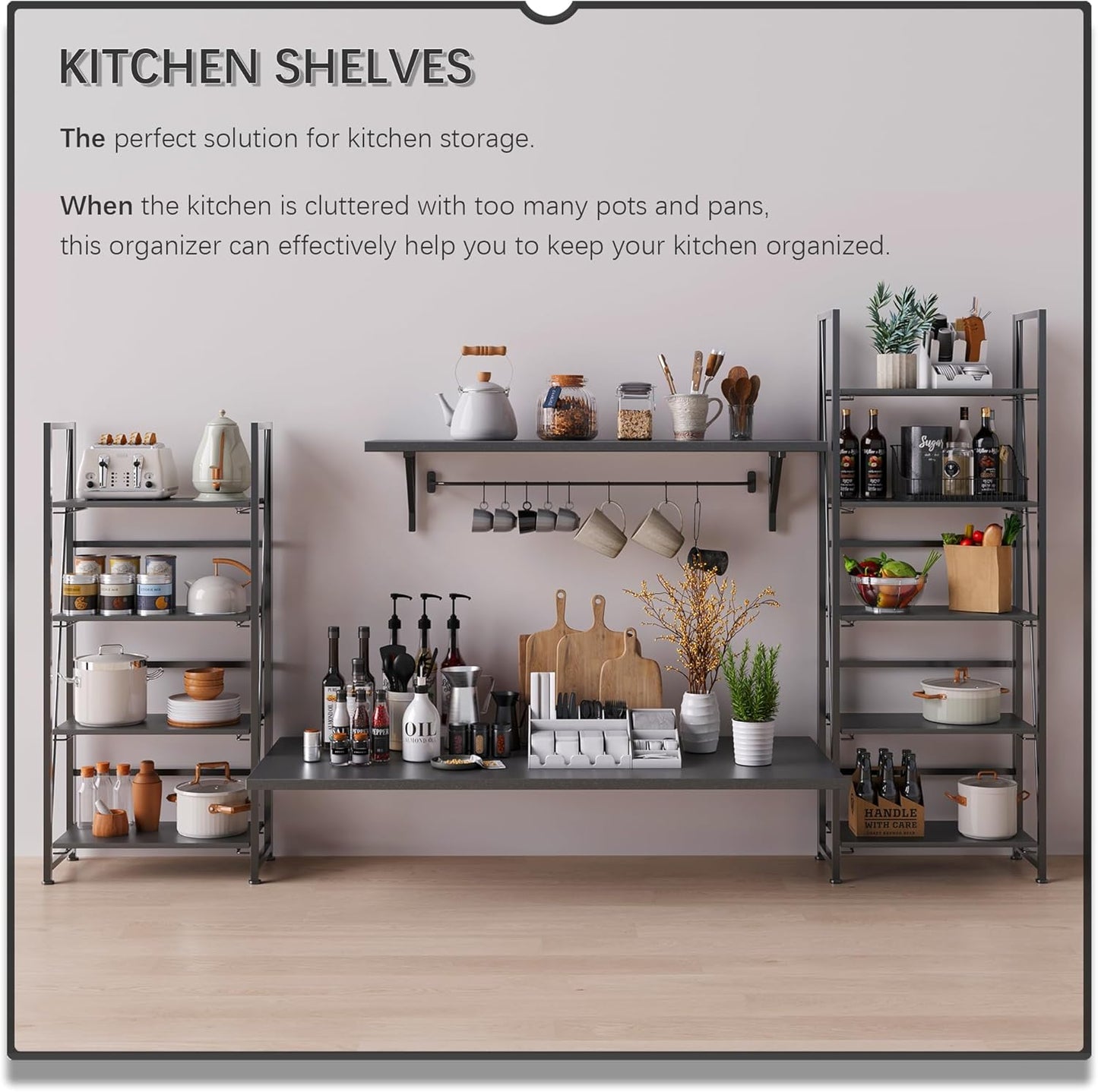 4NM No-Assembly Folding Bookshelf Storage Shelves 4 Tiers Vintage Bookcase Standing Racks Study Organizer Home Office (All Black)