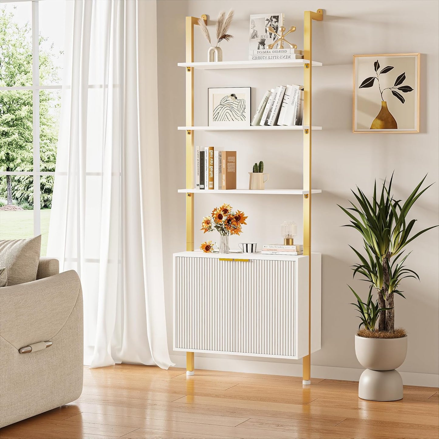 74" Tall Bookshelf with Storage Cabinet, Modern Ladder Shelf with Wood and Metal Frame, Wall Mount Bookcase Open Display Shelf Furniture for Living Room, Bedroom, Home Office, Gold