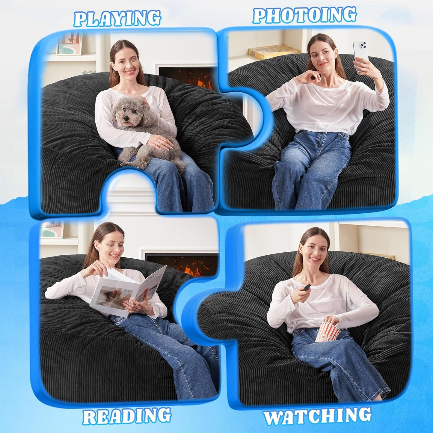 HABUTWAY 3FT Bean Bag Chair,Giant Bean Bag Chairs for Adults,Big Bean Bags with Memory Foam Filled, Large Beanbag Chairs with Soft Corduroy Cover-Black