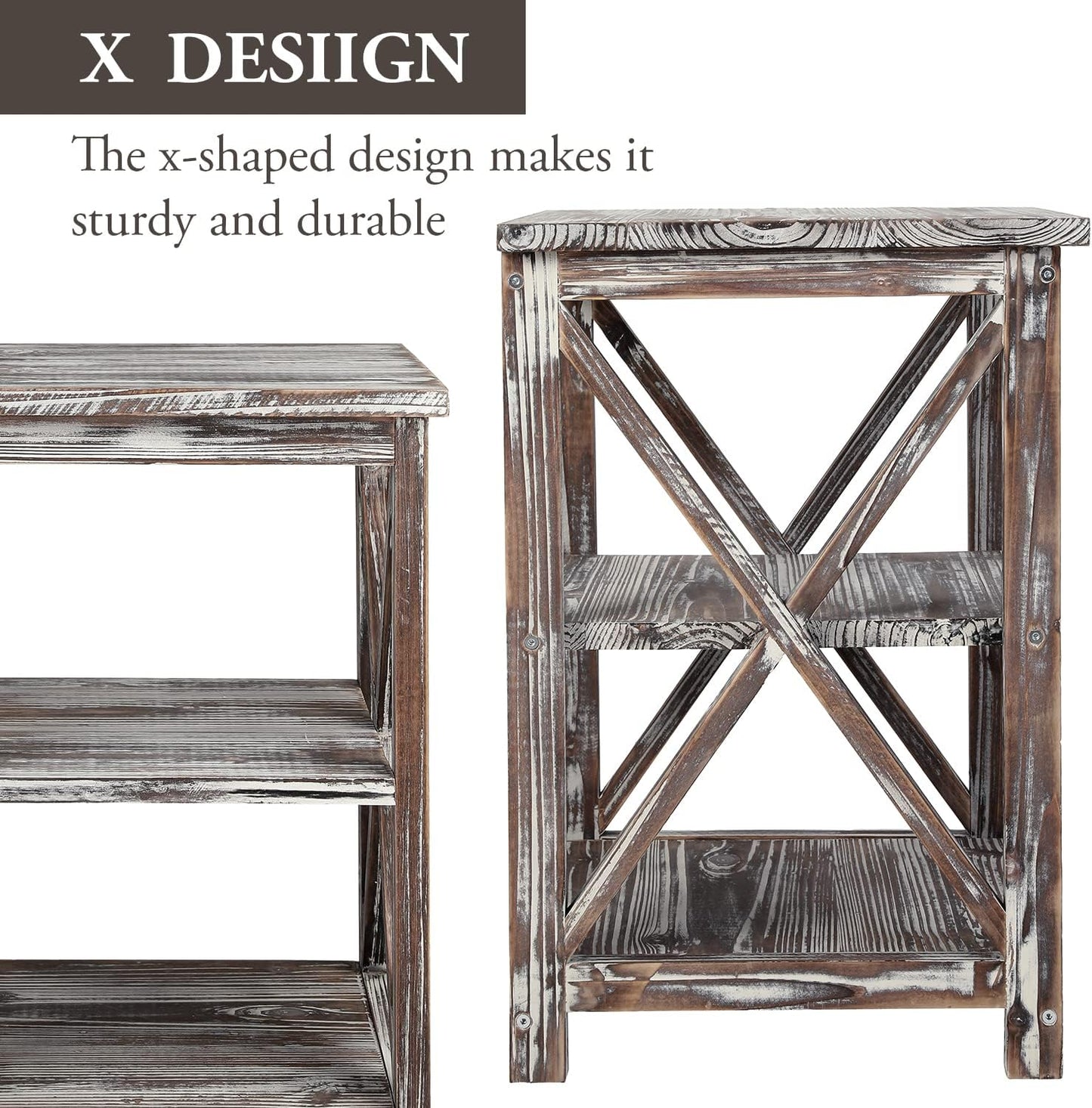 MyGift 24 Inch Tall End Table, Rustic Torched Solid Wood Living Room Accent Side Table with 3 Tier Display Shelf, Wooden X Design Bedroom Nightstand Square Storage Shelves