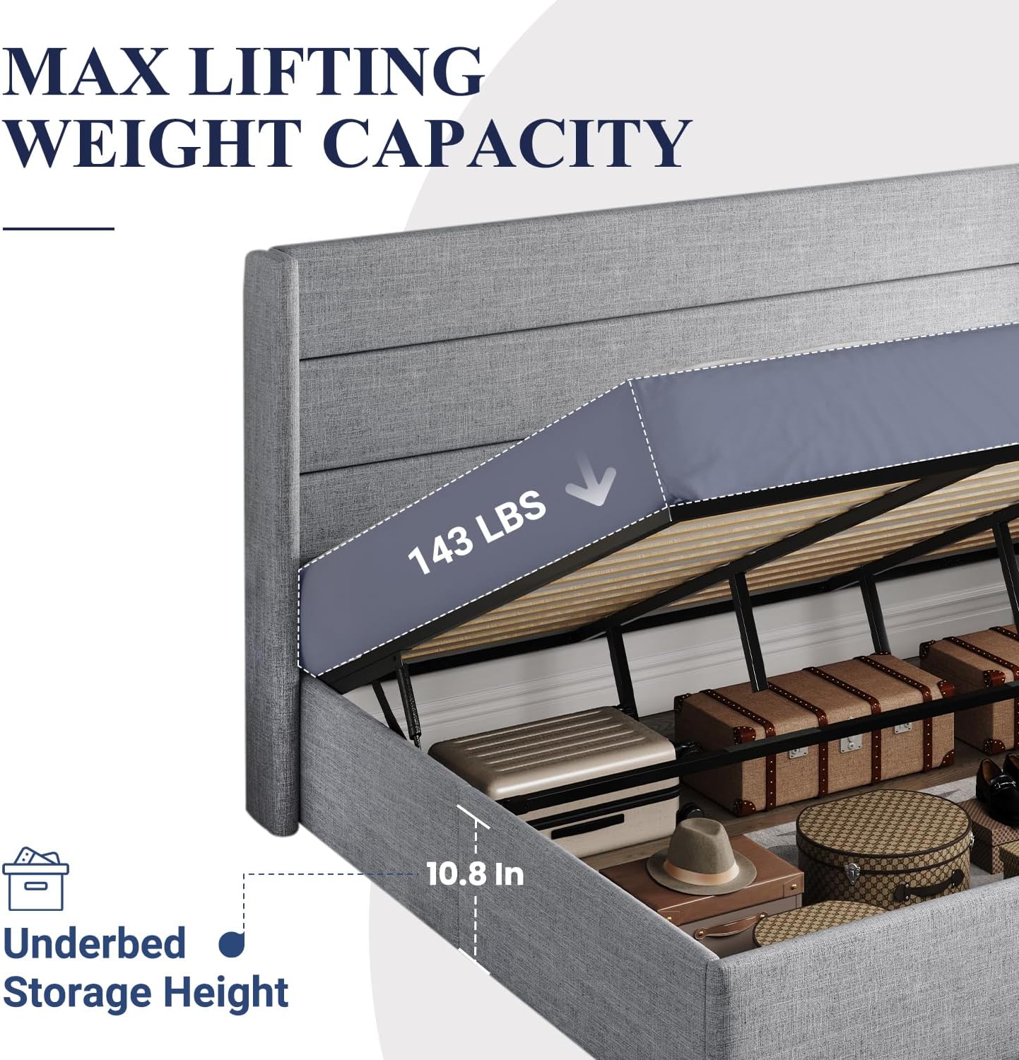 Allewie King Size Lift Up Storage Bed, Modern Wingback Headboard, Hydraulic Support, No Box Spring Needed, Light Grey