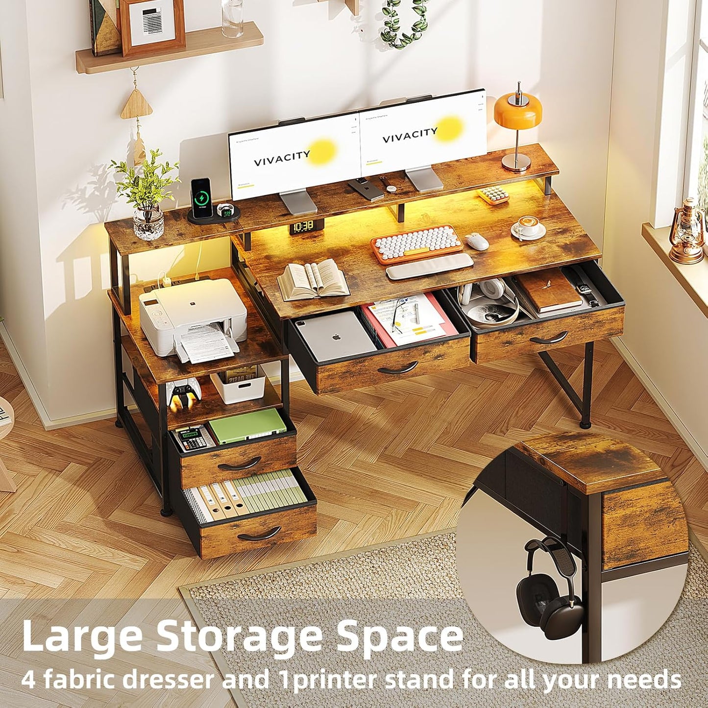 53" Computer Desk with 4 Drawers & Power Outlets, Reversible Home Office Desk with Monitor Stand & Printer Stand, Gaming Desks with Led Lights, Study Writing Work Desks Table for Bedroom, Vintage