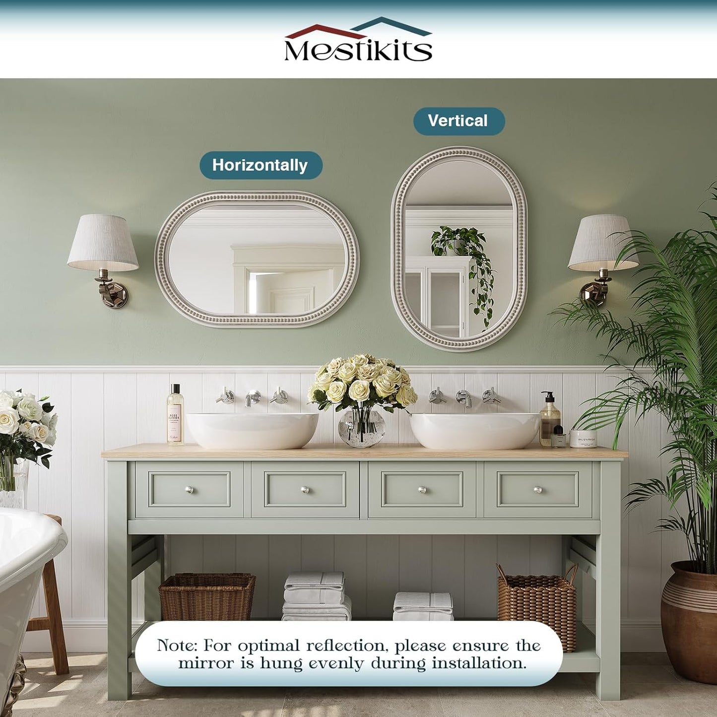 Boho Oval Mirror, 24" x 36" Farmhouse Antique Oval Bathroom Mirrors, Wooden Rustic Decorative Mirror with Beaded for Wall, Bedroom, Dining Room, Hallway, Vertical or Horizontal Hanging