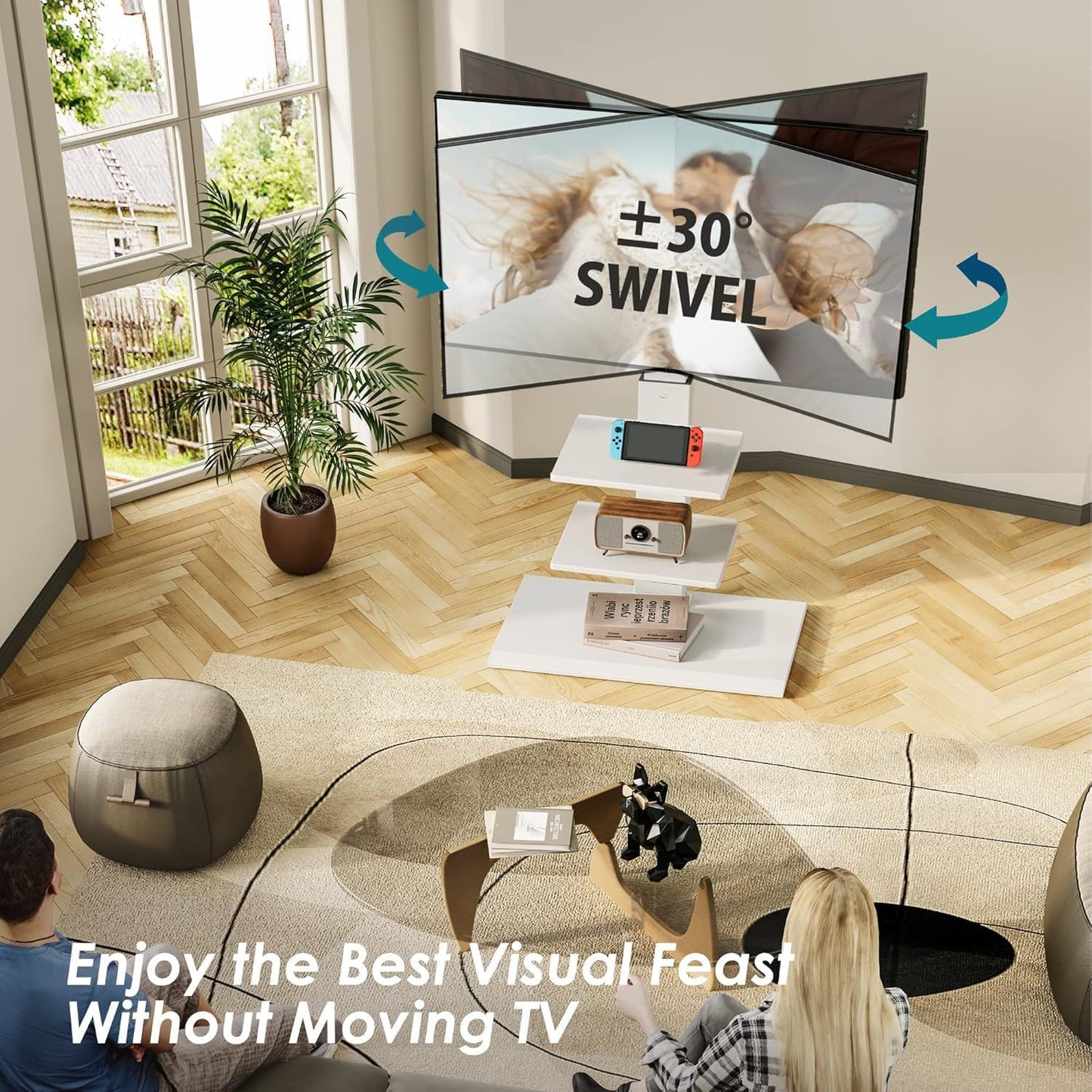 FITUEYES Iron Base Universal Floor TV Stand with Swivel Tilt, TV Mount Stand for 32-75 Inch Screens, Corner TV Stand with Height Adjustable Entertainment Shelves (White)