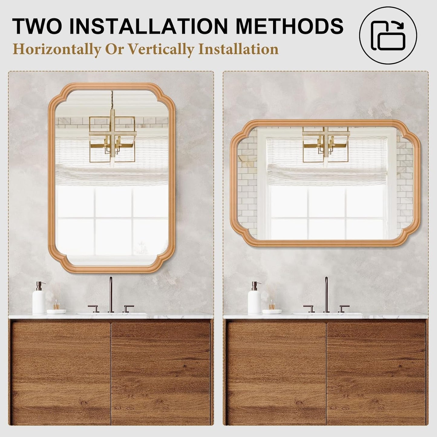 Wood Bathroom Mirror for Wall Mounted, 24" x 36" Rustic Bathroom Mirror for Over Sink with Wood Frame Farmhouse Rounded Corner Rectangle Mirror Decorative(Natural Color)