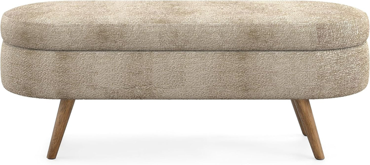 Oval Storage Bench 43.5" Linen Fabric Upholstered Entryway Bench with Solid Wood Legs Ottoman Bench Indoor Bench for Living Room/Bedroom/End of Bed/Entryway (Brown)