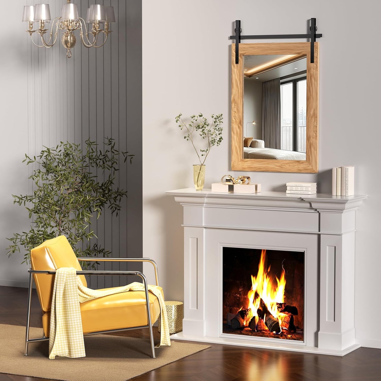 Hasipu Farmhouse Bathroom Mirror, 18"x26" Rustic Wood Framed Wall Mounted Mirror, Brown Vintage Vanity Mirror Barn Door Style Decrative Mirrors