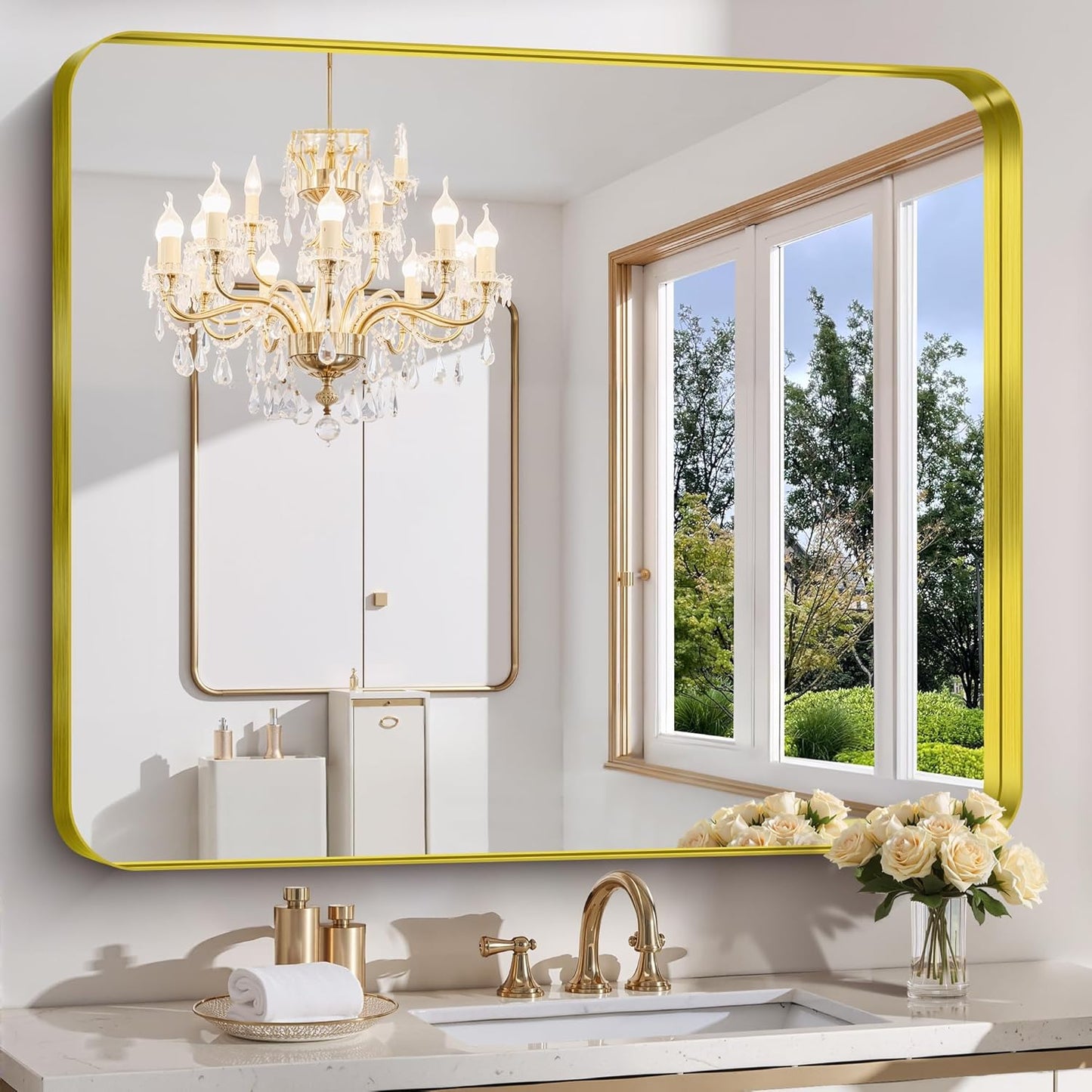 FORBATH 48x40 Inch Bathroom Mirror, Brushed Gold Deep Frame Wall Mirror with Rounded Corners, Anti-Rust Tempered Glass for Modern Farmhouse Vanity (Horizontal/Vertical)
