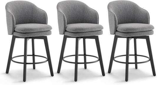 Counter Height Barstools 26 inch Upholstered Swivel Bar Stools with Back and Wood Legs for Kitchen Island,Set of 3,Dark Grey Fabric