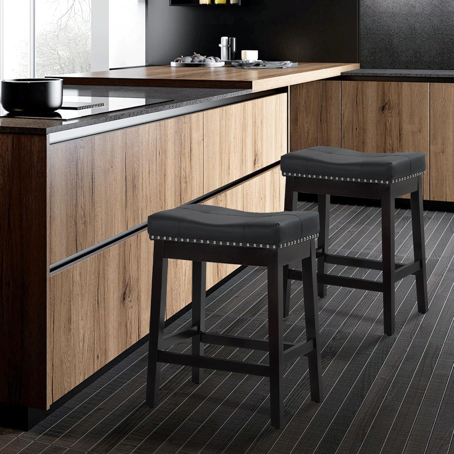 Athena Collection Bar Stools Set of 2, 25 Inches Counter Height Bar Stools Backless with Footrest, Leather Upholstered Saddle Barstools with Nailhead Trim for Home, Kitchen Island, Counter, Black
