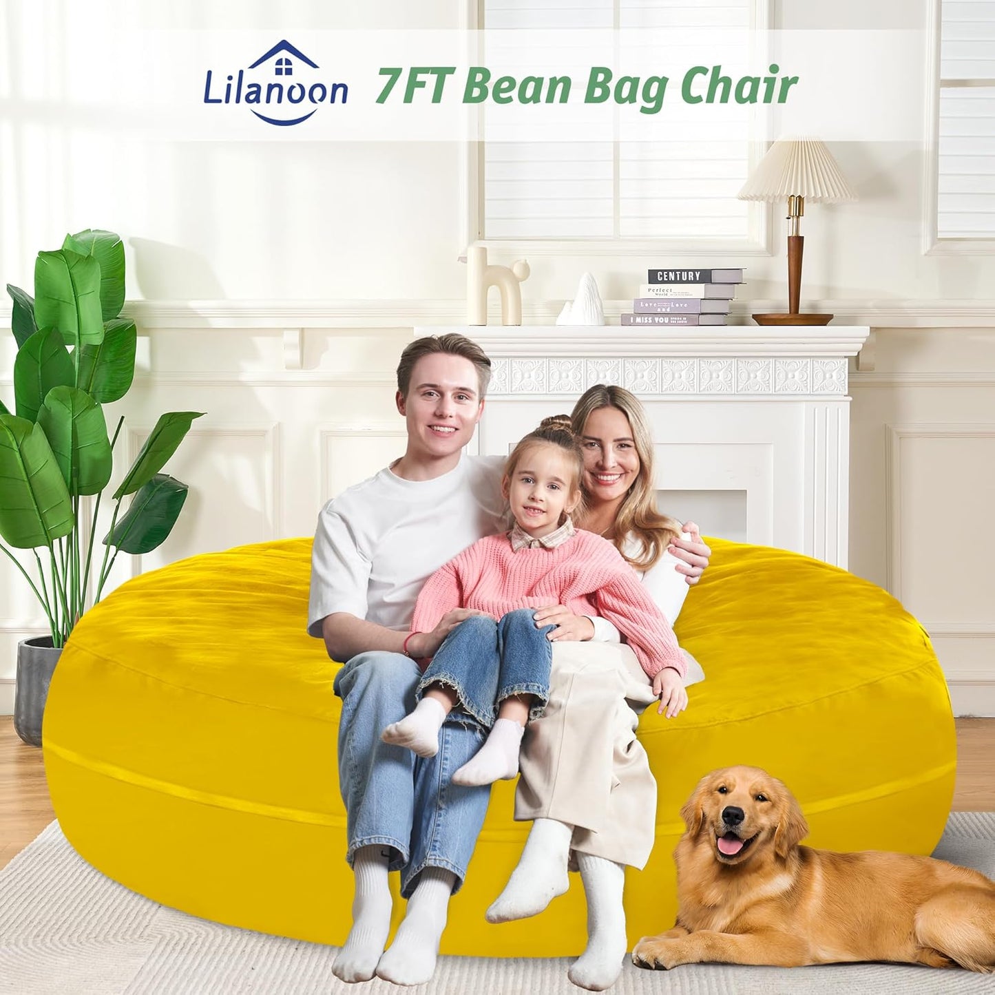 7FT Bean Bag Chair with Ultra Soft Velvet Cover Bean Bag Sofa with Memory Foam Bean Bag Chairs with Large Size Lazy Sofa for Dorm Office Living Room Bedroom Yellow 7'