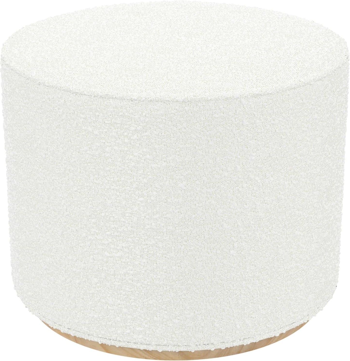 Bouclé Ottoman with Wooden Base – 22” Round Upholstered Footrest, Cream Textural Fabric, Modern Accent Stool for Living Room & Bedroom