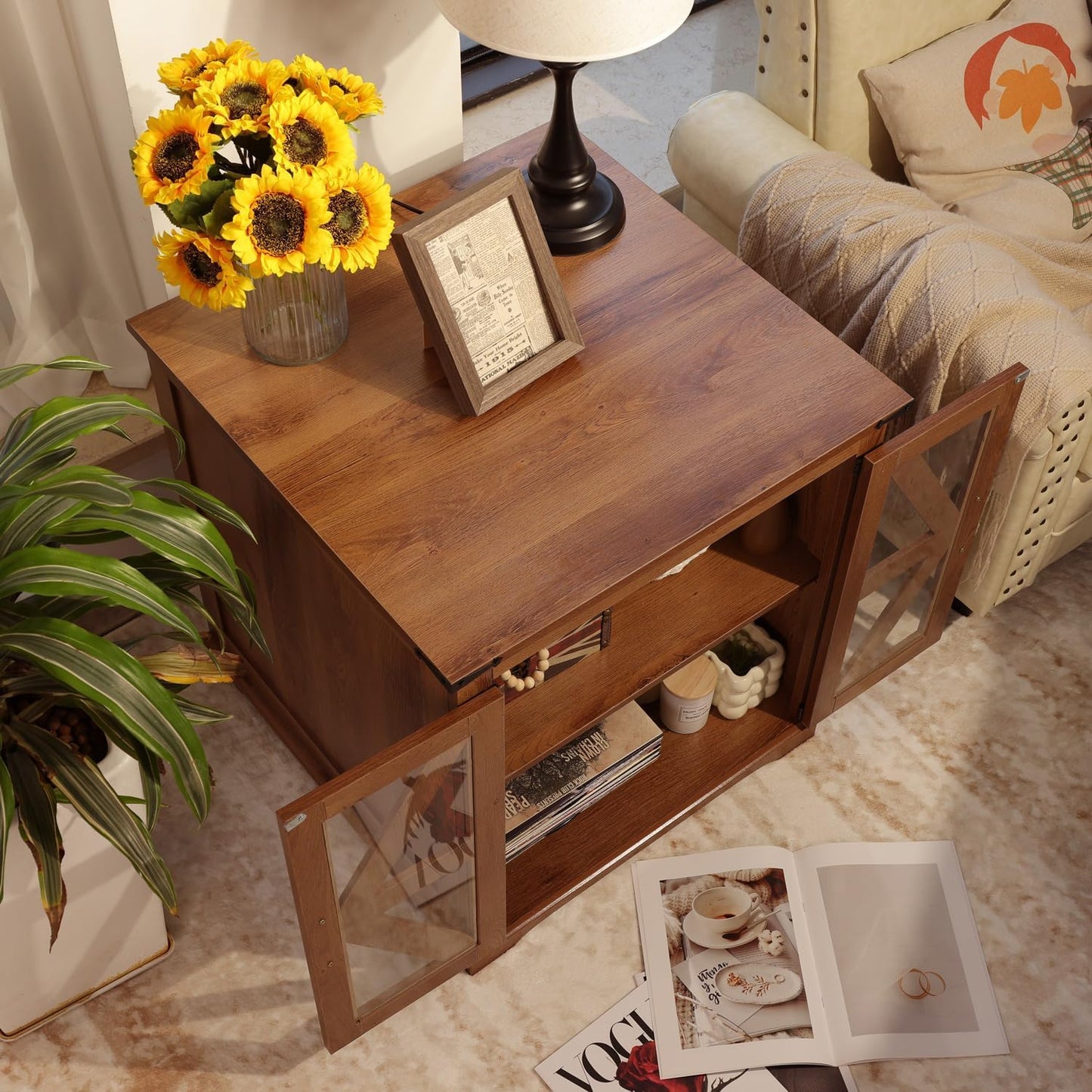 Farmhouse End Table, 24" Large End Tables with Storage, Rustic Square Sofa Beside Table with Glass Barn Door, Wood Side Table Square Nightstand for Living Room, Bedroom, Office (Vintage Brown)