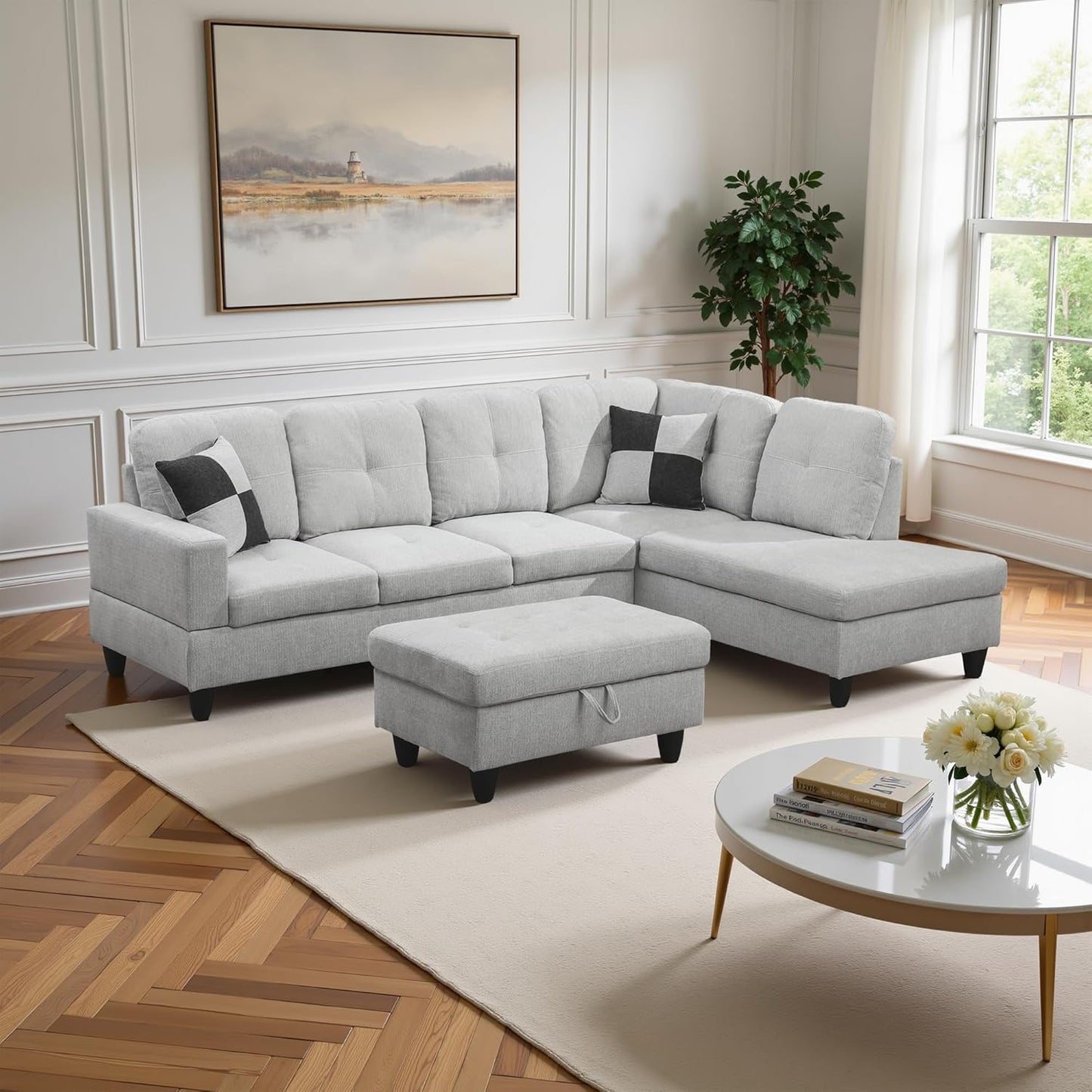 Couches for Living Room Modern L Shaped Couch Comfy Flannel Fabric 3 Pieces Sectional Sofa with Chaise, Ottoman with Storage for Office and Small Apartment, Light Grey