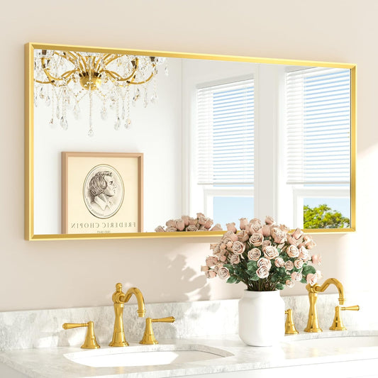 TETOTE Brushed Gold Frame Mirror for Bathroom Wall 48" x 24" Brushed Brass Beveled Rectangle Bathroom Vanity Mirror for Over Sink, Bedroom, Entryway, Living Room, Tempered Glass, Stronger Frame