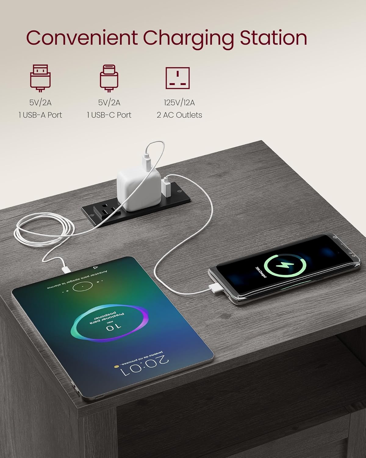 VASAGLE LIRY Collection - Farmhouse Nightstand with Charging Station, Bedside Table, Side Table with 2 Drawers, Open Compartment, for Bedroom, Misty Gray ULET669G01