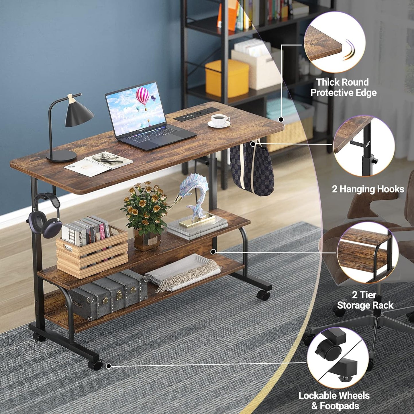 Armocity Height Adjustable Standing Desk with Power Outlets, 39" Manual Stand Up Desk with Storage Shelves Small Mobile Rolling Computer Desk Portable Laptop Table with Wheels for Home Office, Rustic