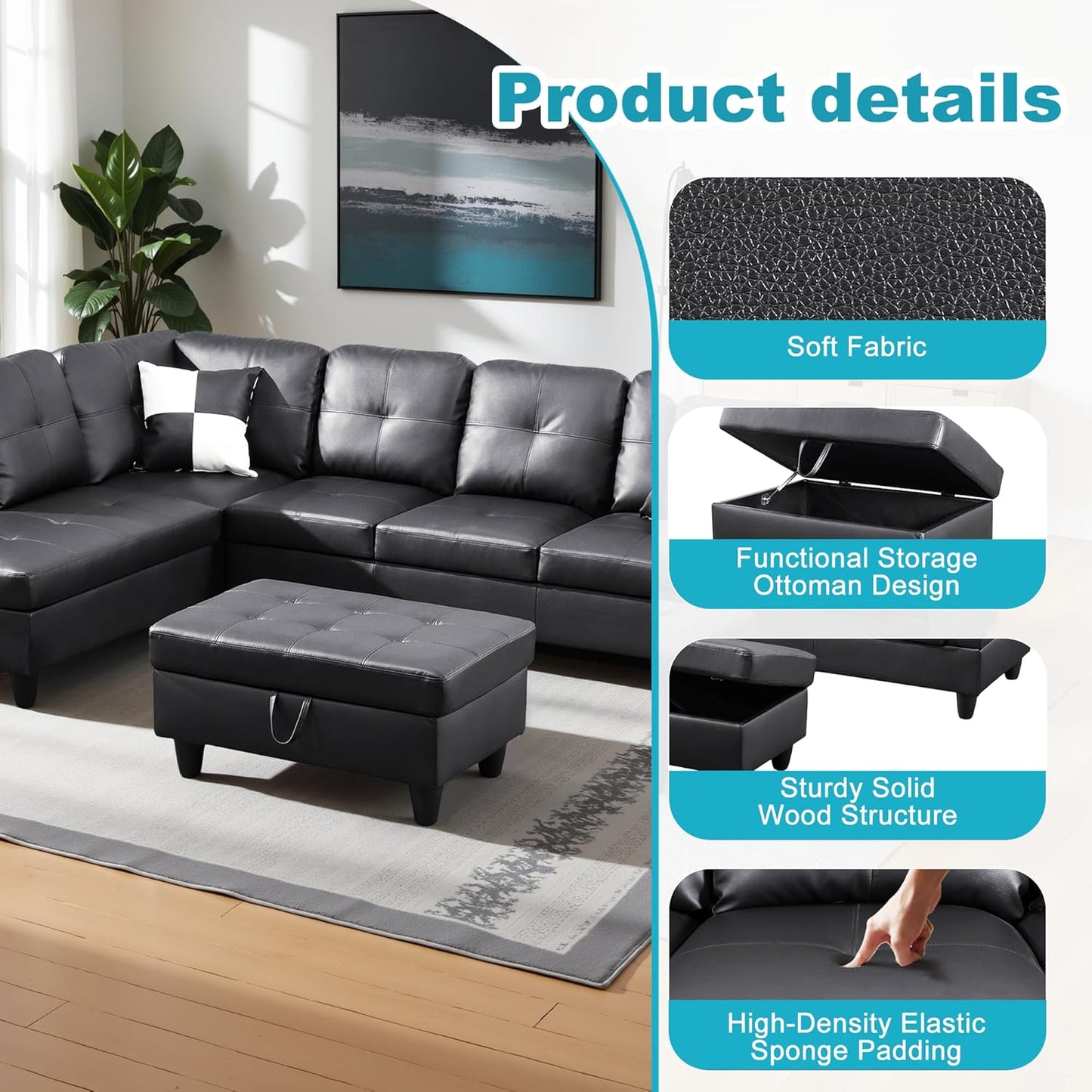 L Shaped Couch Faux Leather Sectional Couch Upholstered 3 Pieces Sofas for Living Room with Chaise, Storage Ottoman for Office and Small Apartment, Black