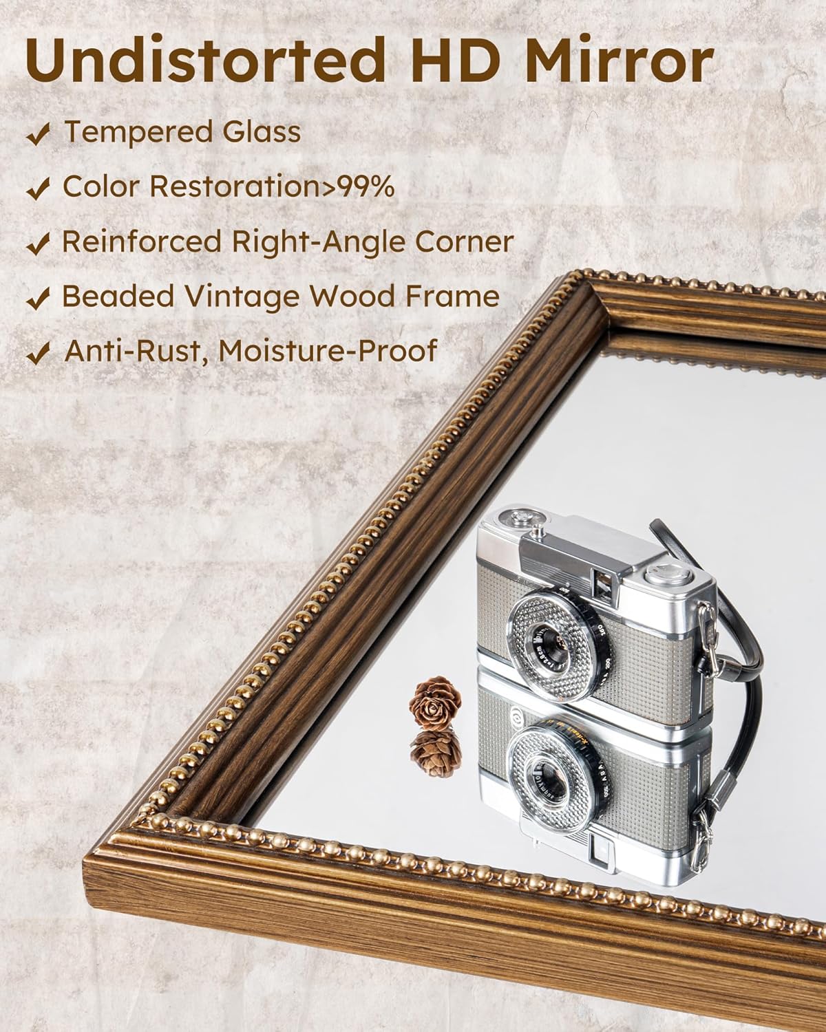 Axeman 22x30 Wood Wall Mirror, Rustic Bathroom Mirror, Vintage Wall Mounted Mirror Tempered Glass with Beaded Wooden Frame for Farmhouse Living Room Vanity Bedroom Entryway, Bronze