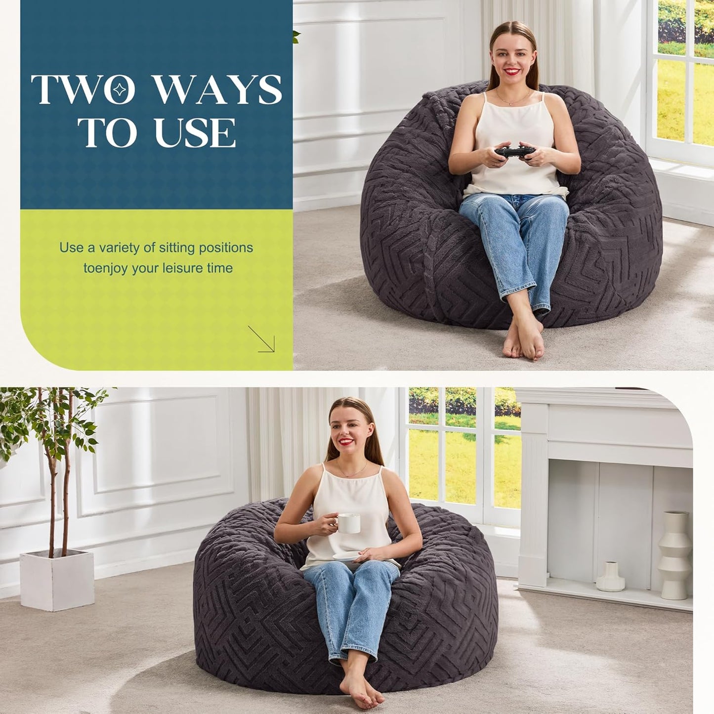 Hobestluk Bean Bag Chairs Adults Beanbag Chair with Filler Large Bean Bags with Fluffy Embossed Cover, Giant Bean Bag Chairs for Adults (Dark Grey, 3FT - 36” x 36” x 22”)