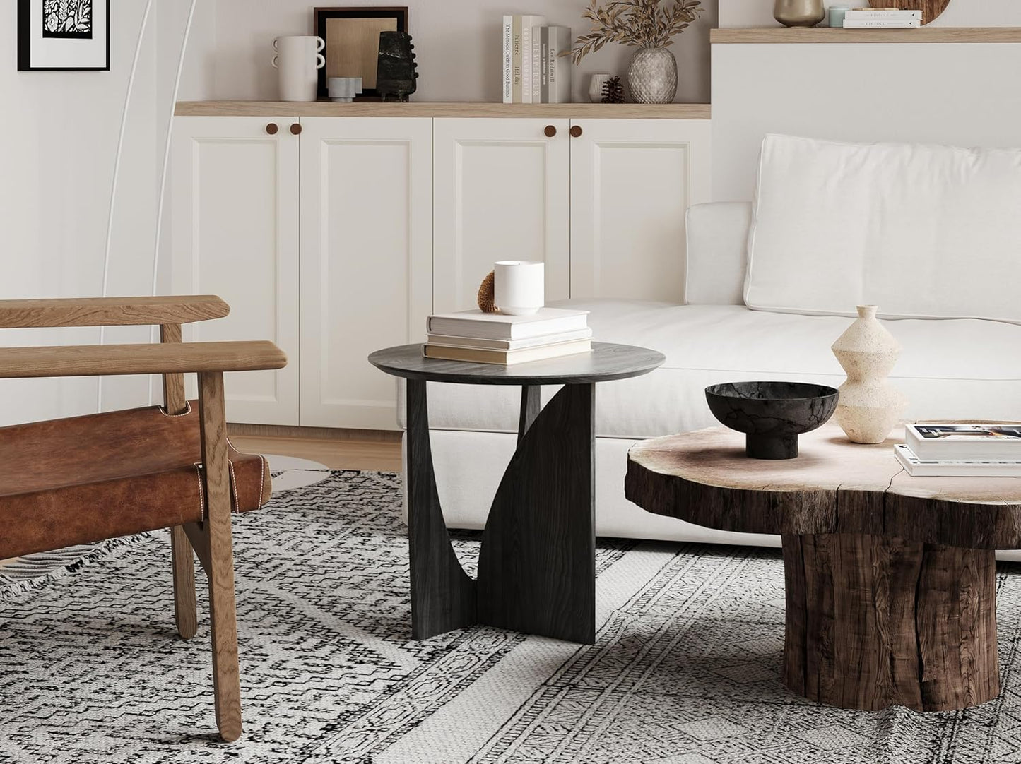 Round Side Table,Modern Aesthetic End Table with Oak Veneer,Wood Accent Table for Living Room, Bedroom (A, Black)