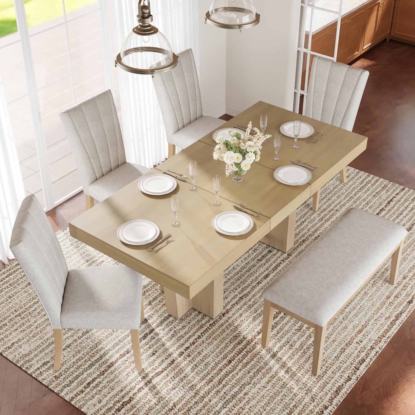 Ball & Cast 6 Piece Farmhouse Dining Table Set with Extendable Table,4 Upholstered Chairs & 1 Bench,Wooden Kitchen Table Set of 6,Backrest Chair with Table & Upholstery-Bench,for Dining Room,Natural