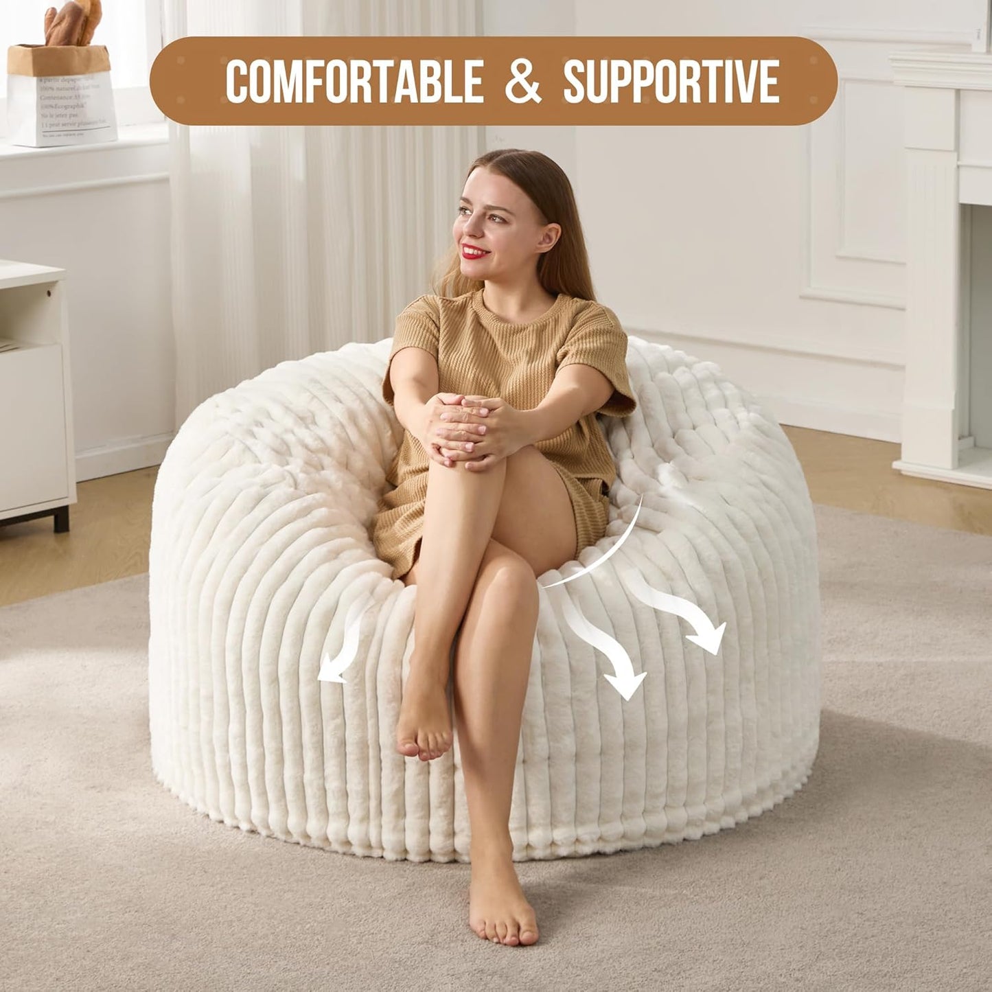 Hobestluk 3ft Bean Bag Chairs for Adults Large Beanbag Chair with Stripe Plush Cover Big Bean Bag Chair for Living Room Bedroom Dorm Office - White (36” x 36” x 22”)