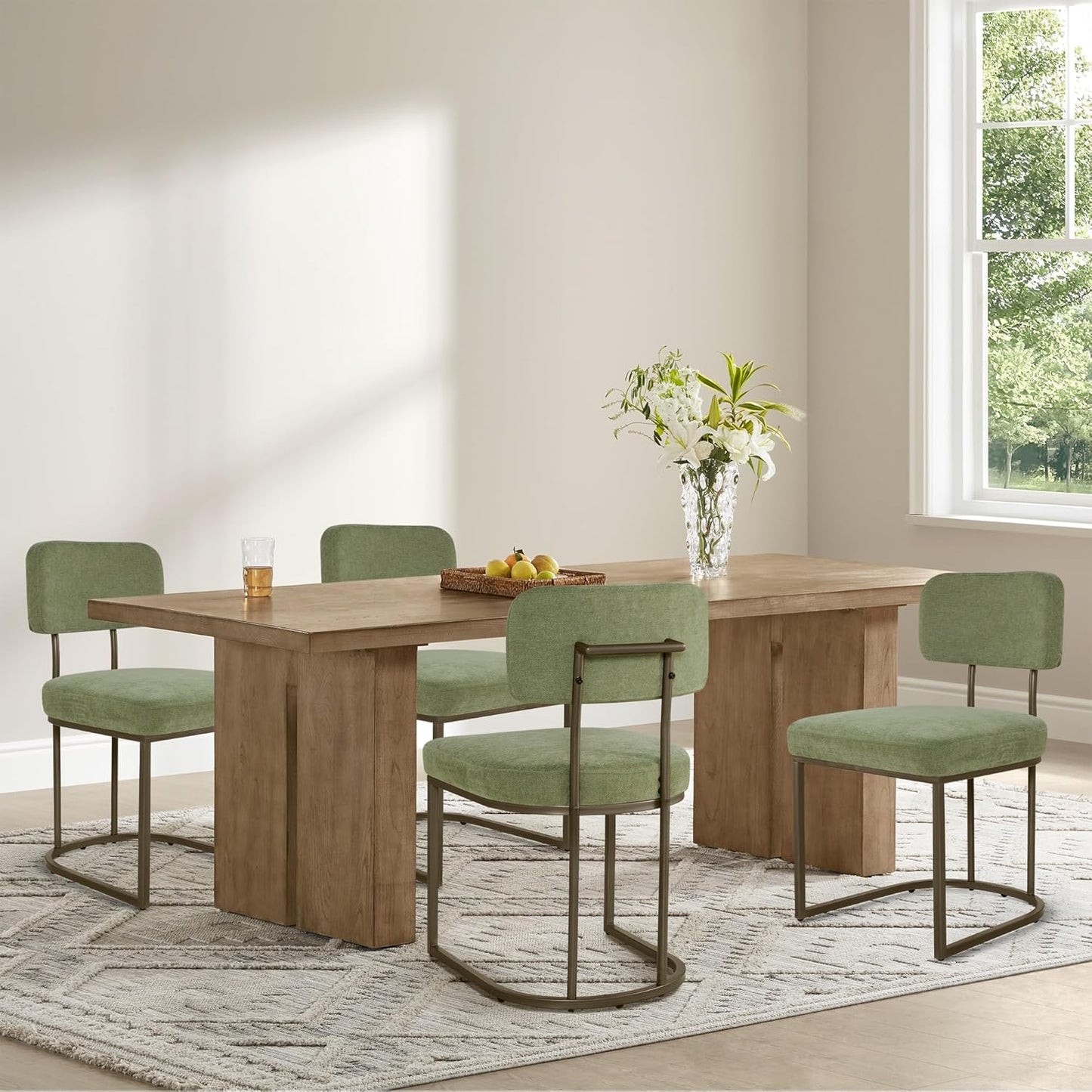 Dining Chairs Set of 4, Upholstered Modern Kitchen Chairs with Ergonomic Backrest, Fabric Cushion Seat & Metal Legs for Living Room, Restaurant, and Café, Green, 2Boxs