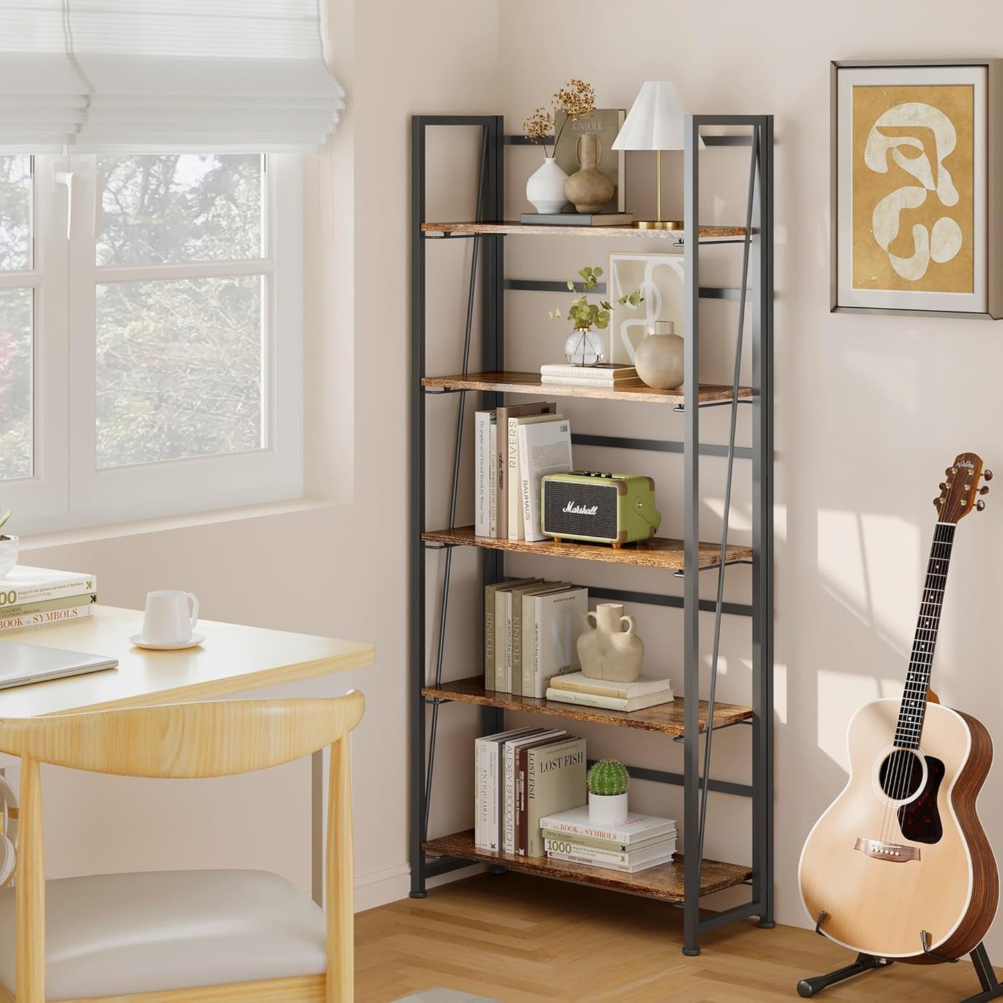 BHG Vintage Multifunctional Folding Bookshelf, No-Assembly Plant Stand Storage Rack Shelves for Home Office (Fire, 5-Tier)