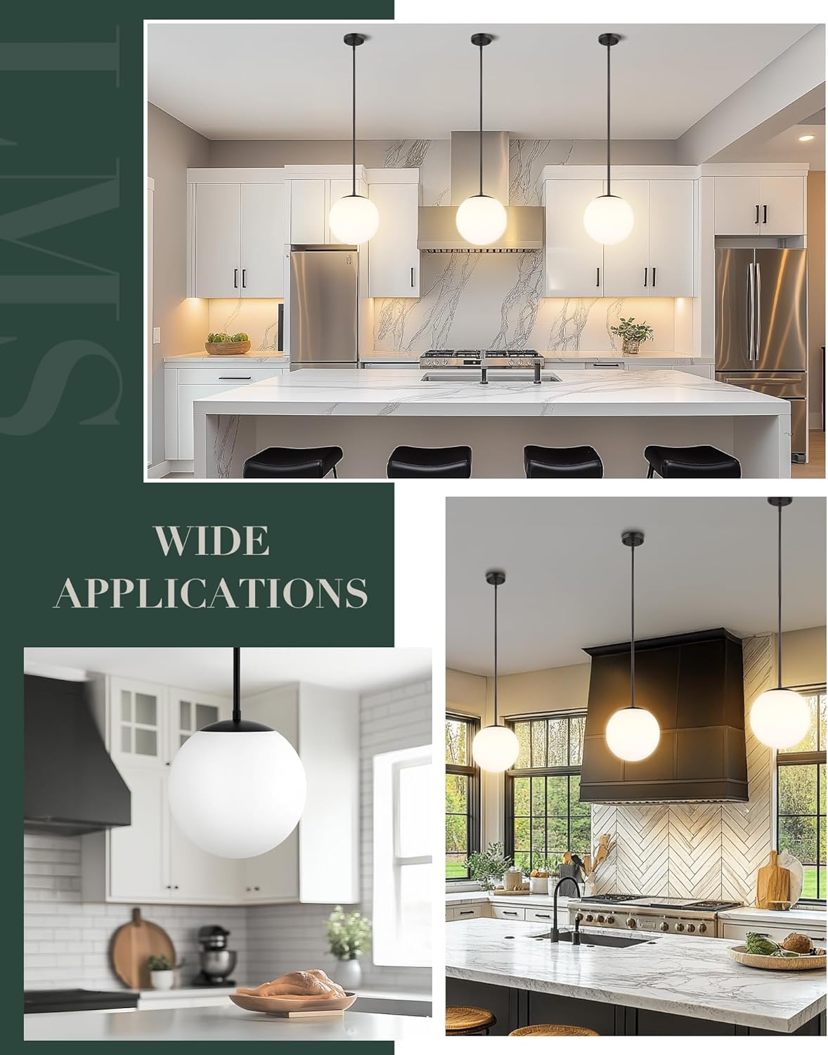 LMS 10 Inch Globe Pendant Lights, Matte Black Mid Century Kitchen Island Light Fixtures with White Globe Glass Shade, Adjustable Hanging Rod, Bar Kitchen Bedroom, LMS-186PL-BKW-10