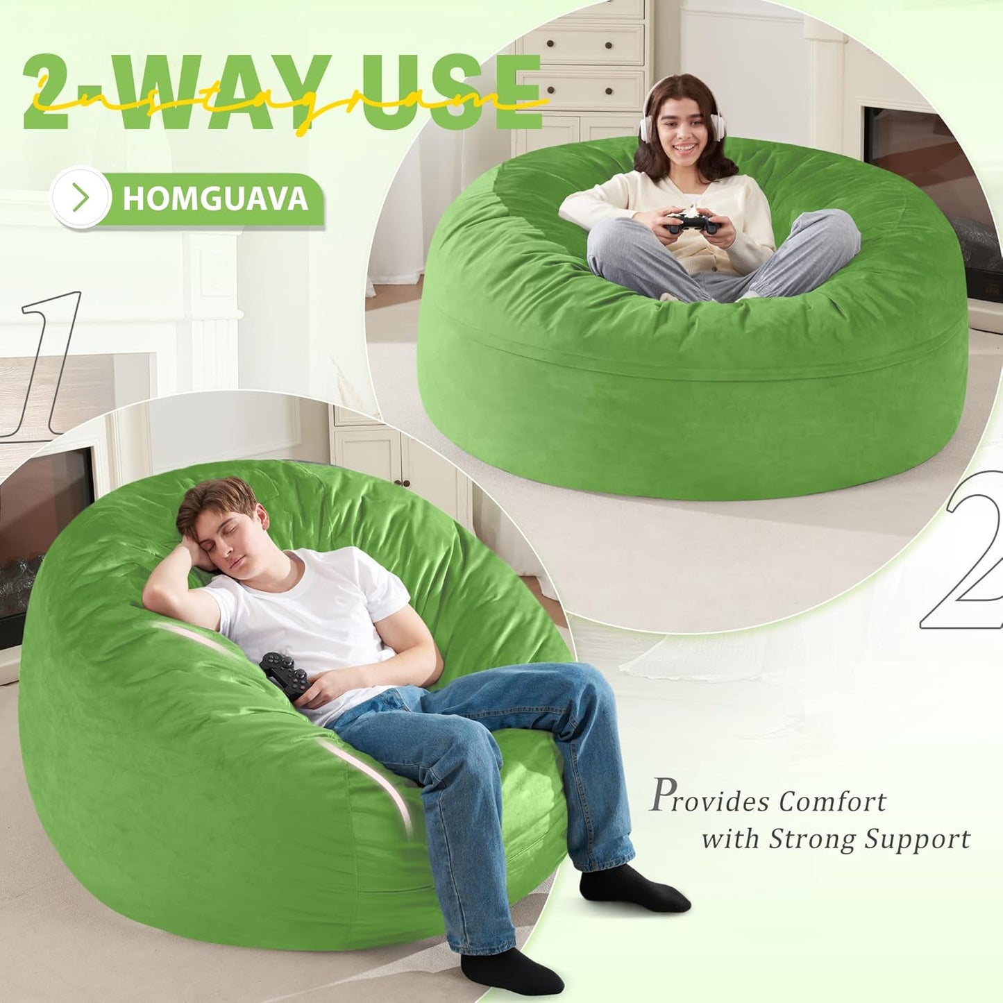 Homguava 5 FT Bean Bag Chair: 5' Bean Bags with Memory Foam Filled, Large Beanbag Chairs Soft Sofa with Dutch Velvet Cover-Lime