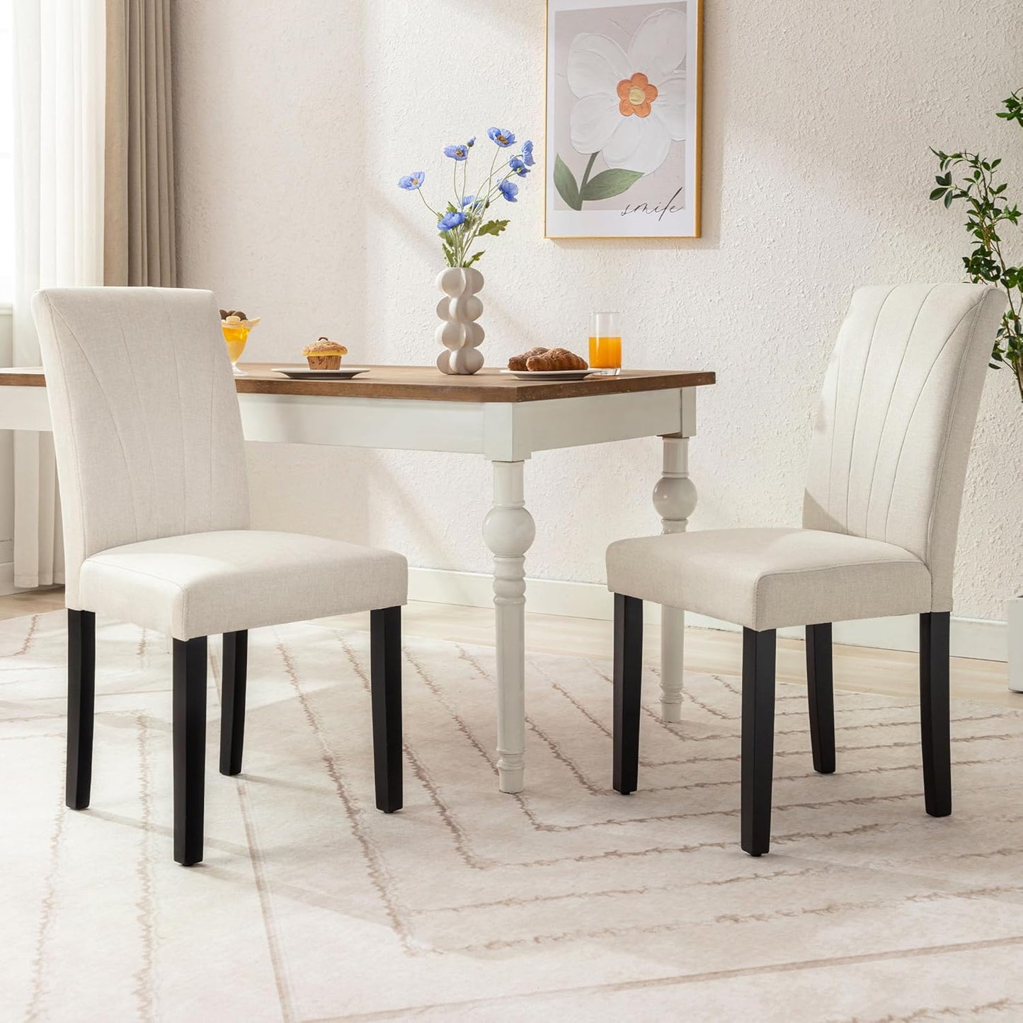 VECELO Upholstered Dining Chairs Set of 4, Modern Fabric and High Back & Solid Wood Legs, Parsons for Kitchen/Living Room- Beige