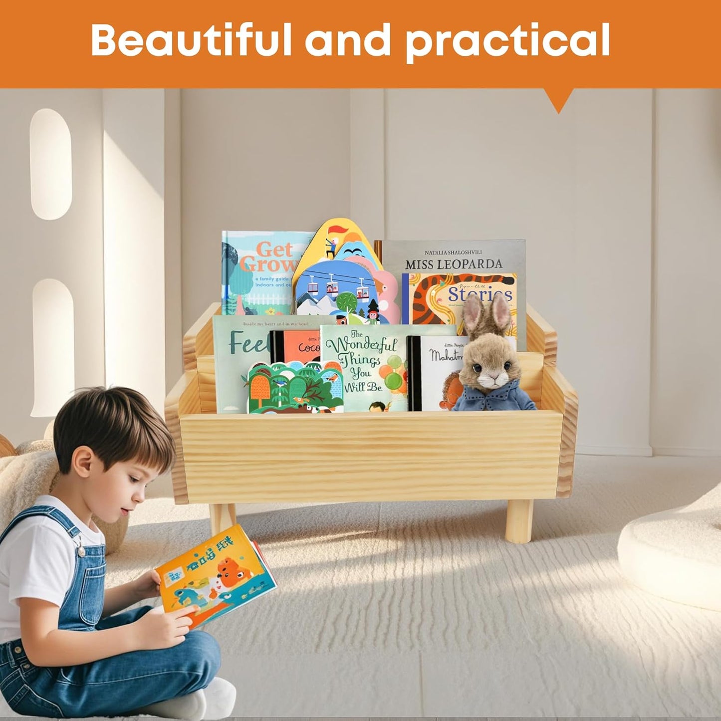 Kids Bookshelf,Montessori Bookshelf Small for Toddler,Baby Book Shelf Caddy with Divider,Toddler Book Storage Holder Container Wooden for Playroom,Kids Room,Nursery,Classroom,Pine (Natural Wood)