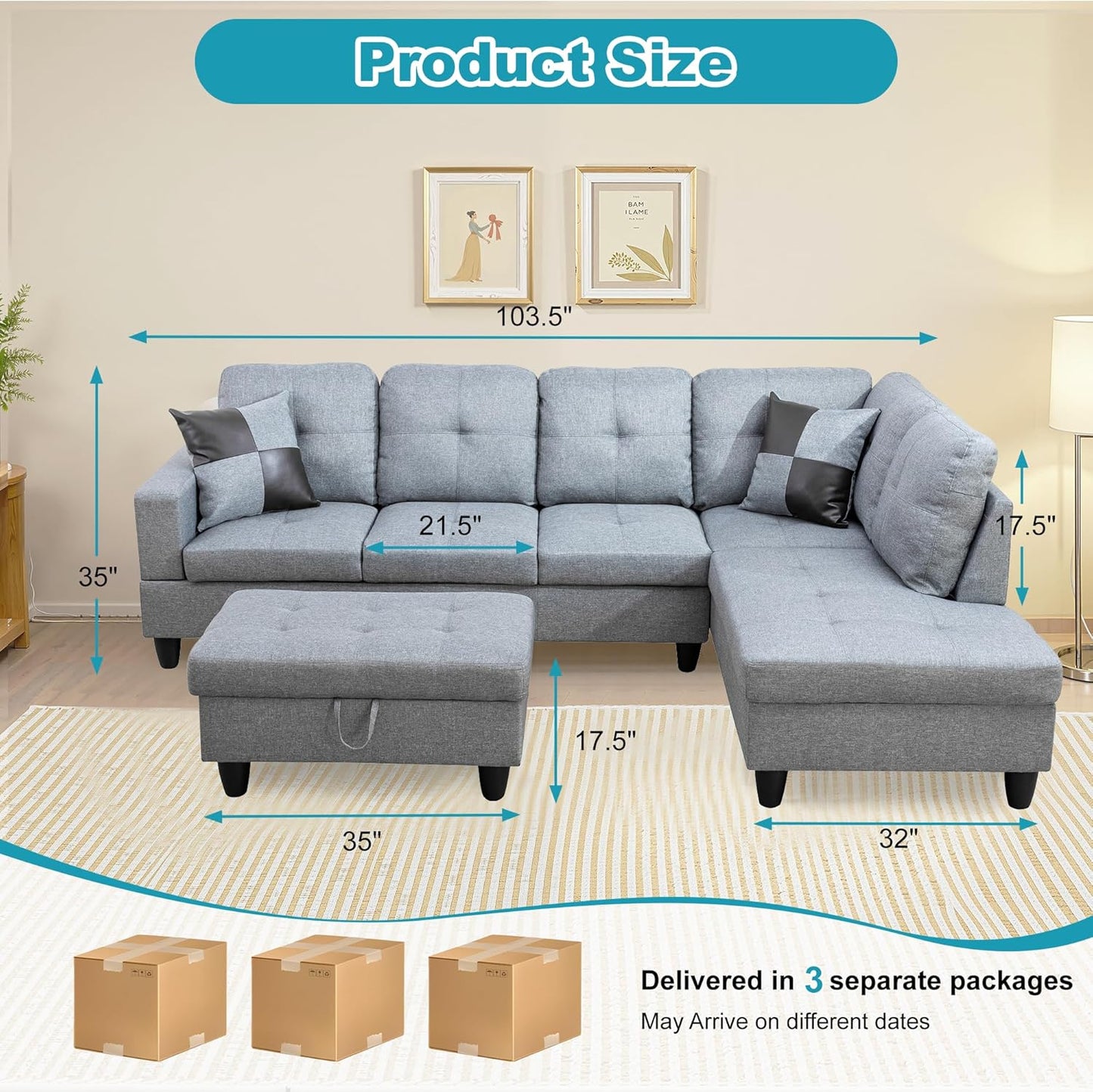 Couches for Living Room Modern L Shaped Couch Comfy Linen Fabric 3 Pieces Sectional Sofa with Chaise, Ottoman with Storage for Office and Small Apartment, Grey