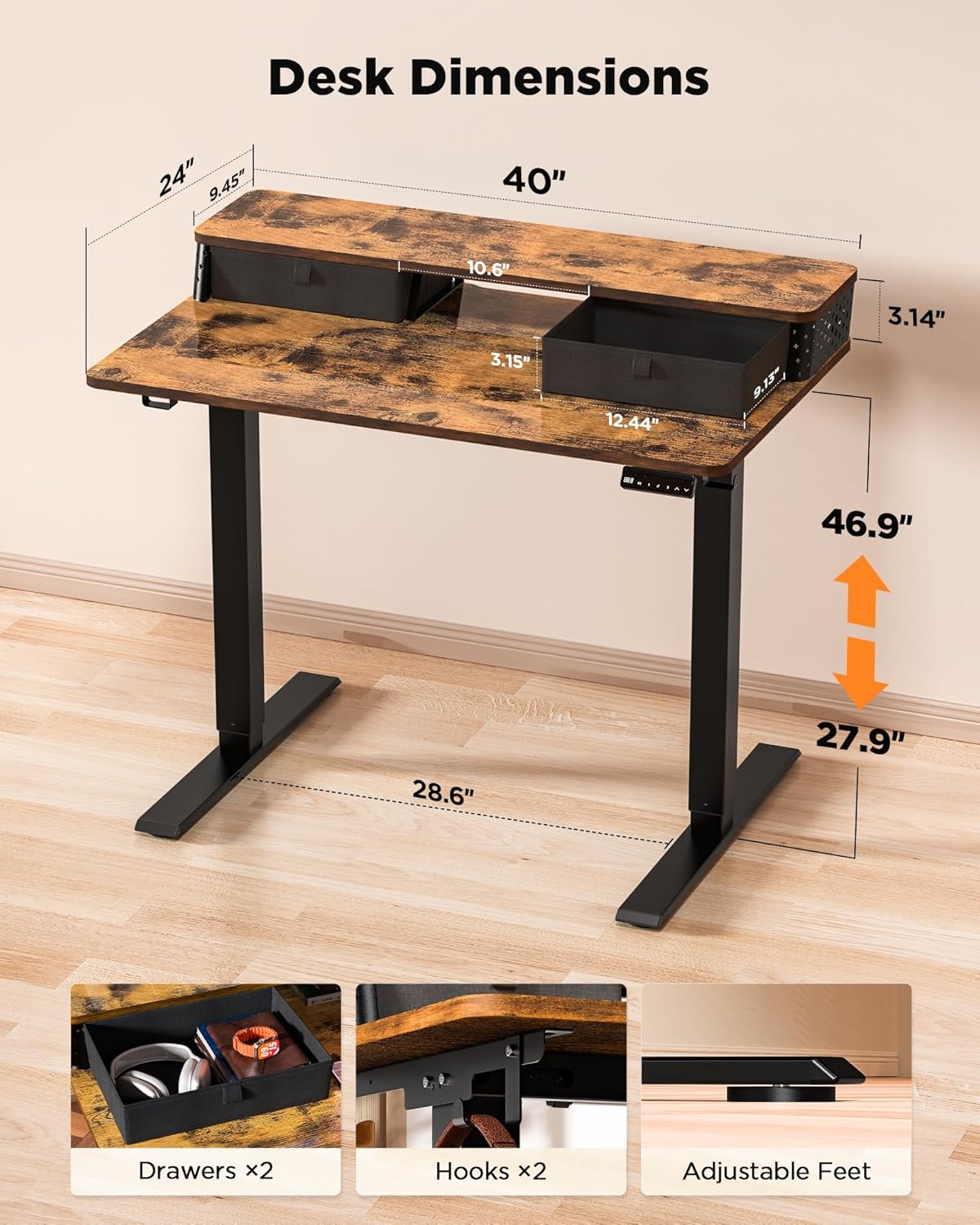 40x24 Inch Standing Desk with Double Drawers,C-Clamp Mount Compatible,Electric Adjustable Height Computer Stand Up Desks, Home Office Sit Stand Table with 3 Preset Heights & Hooks, Rustic Brown