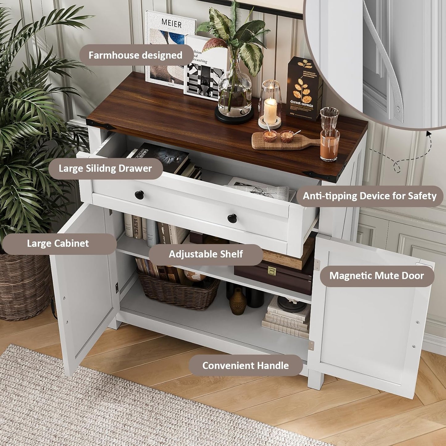 Farmhouse Storage Cabinet with 2 Doors, White Kitchen Cabinet with Walnut Countertop, Freestanding Floor Storage Cabinets Hutch Cupboard