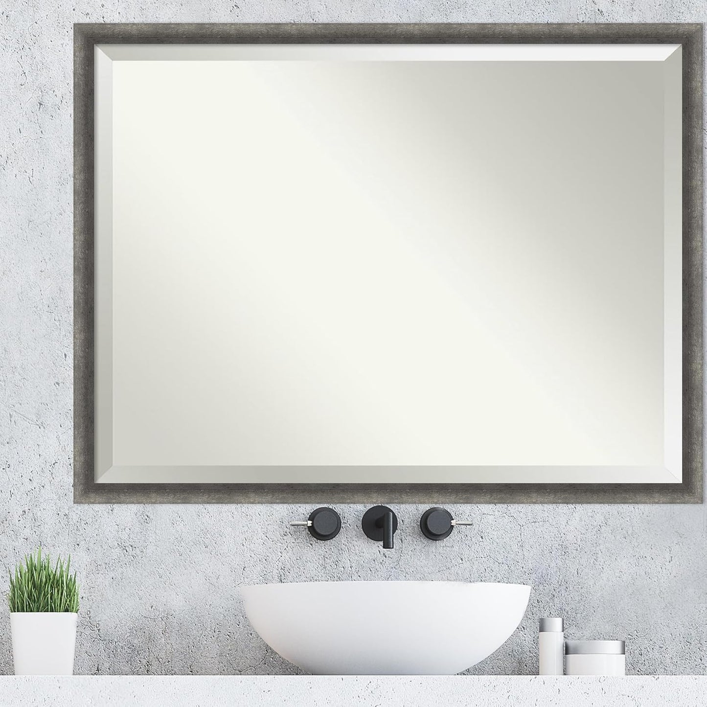 Amanti Art Grey Wall Mirror 32x42 Burnished Concrete Narrow Rectangle Bathroom Mirror for Wall Decor Living Room, X-Large Modern Contemporary Wood Frame, Hangs Horizonally and Vertically, Bathroom