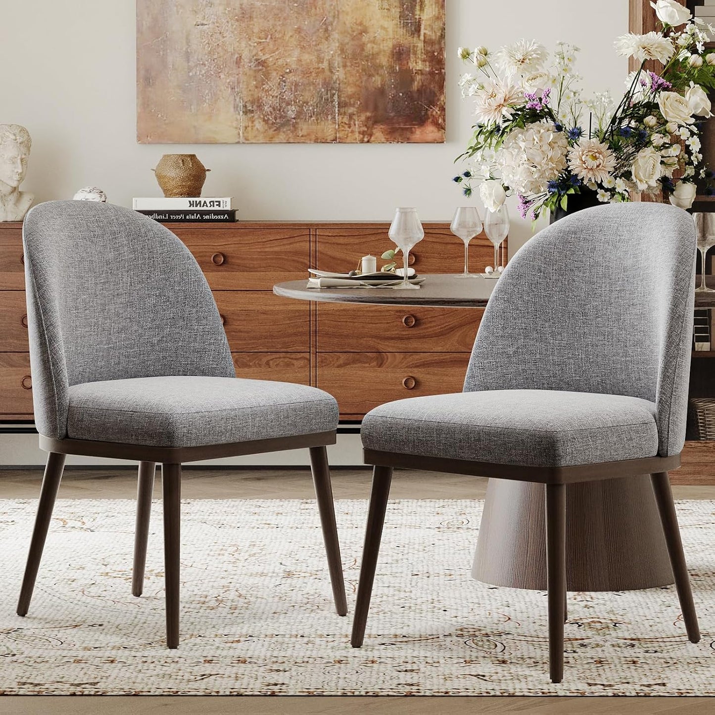 COLAMY Upholstered Dining Chairs Set of 4, Large Dining Room Kitchen Chairs with High Back and Deep Seat, Modern Fabric Dinner Chairs with Wood Legs, Dark Grey