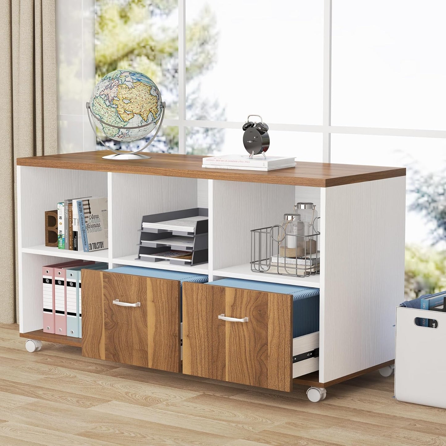 Tribesigns 63-Inch Executive Computer Desk with 47-Inch Lateral File Cabinet, Large Workstation Business Furniture, L Shaped Desk with Drawers and Storage Shelves for Home Office, Walnut & White