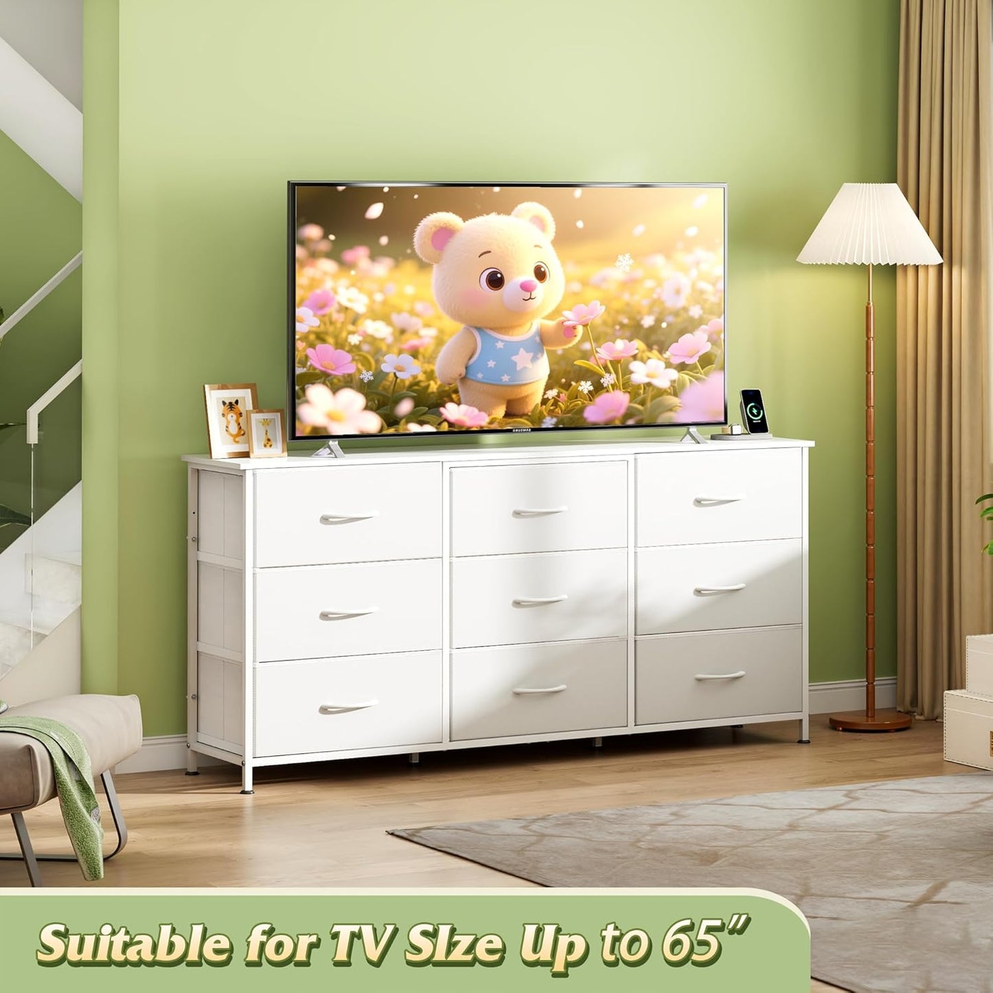 WLIVE 54''W Dresser for Bedroom, White Dresser TV Stand for 55, 60, 65 inch TV, Wide Chest of Drawers with 9 Drawer, Large Entertainment Center, Fabric Dressers with Wood Top for Closet, Living Room