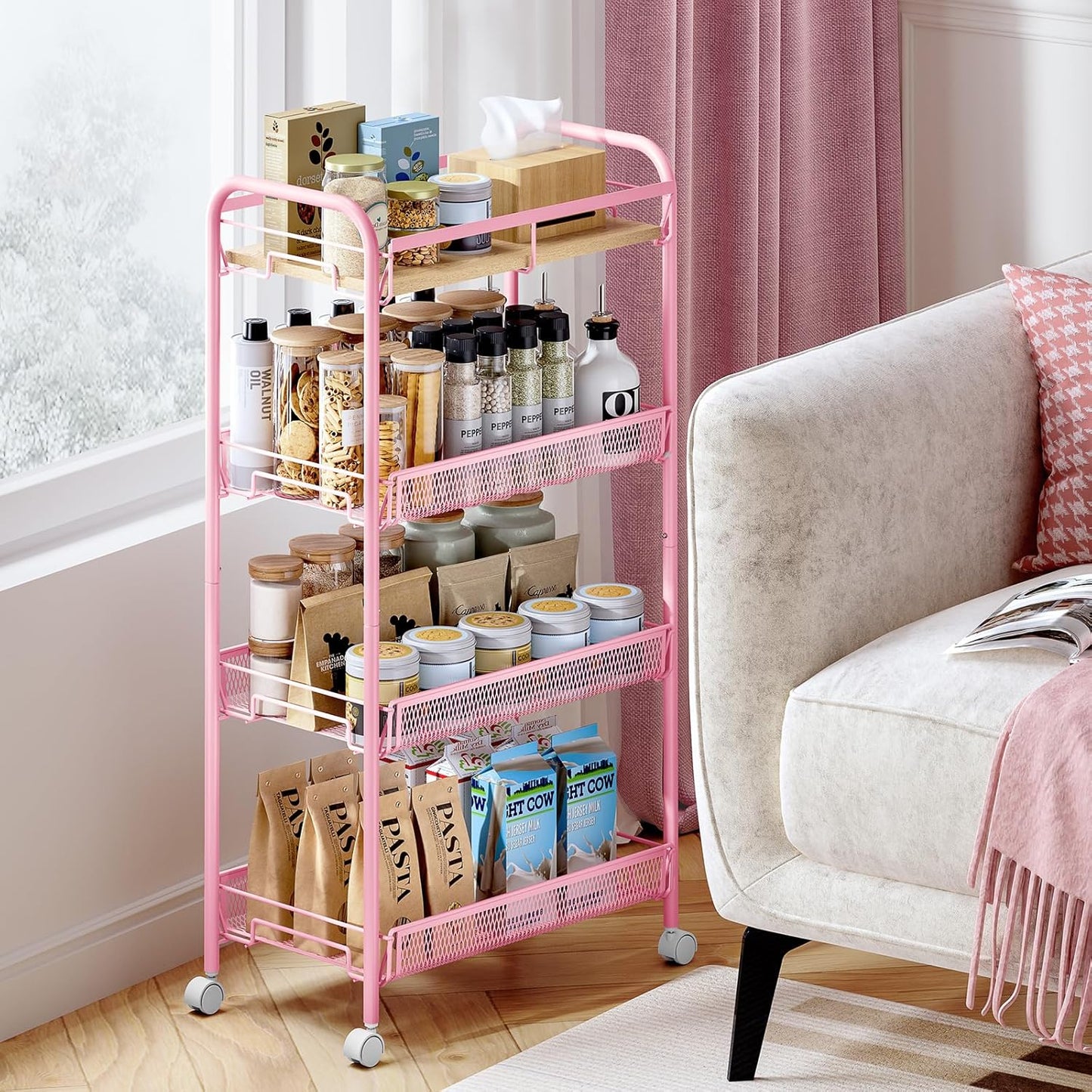 KINGRACK 4-Tier Wide Metal Rolling Storage Cart, Utility Cart with Wooden Tabletop for Laundry, Bathroom, Kitchen, Apartments, Dormitory (Pure Pink, Wide)