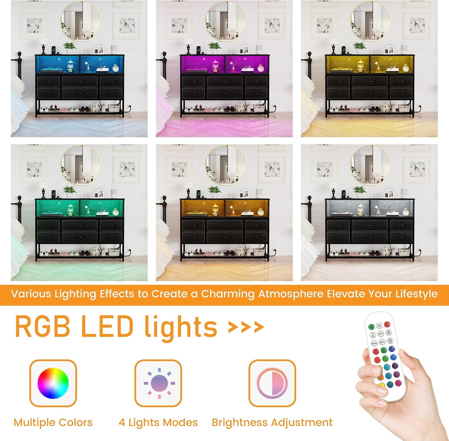 Black Dresser for Bedroom, 6 Drawers Led Dresser TV Stand with Power Outlets and LED Lights, Long Fabric Dressers Wide Chest of Drawers with Large Organizer Shoe Rack for Living Room, Entryway