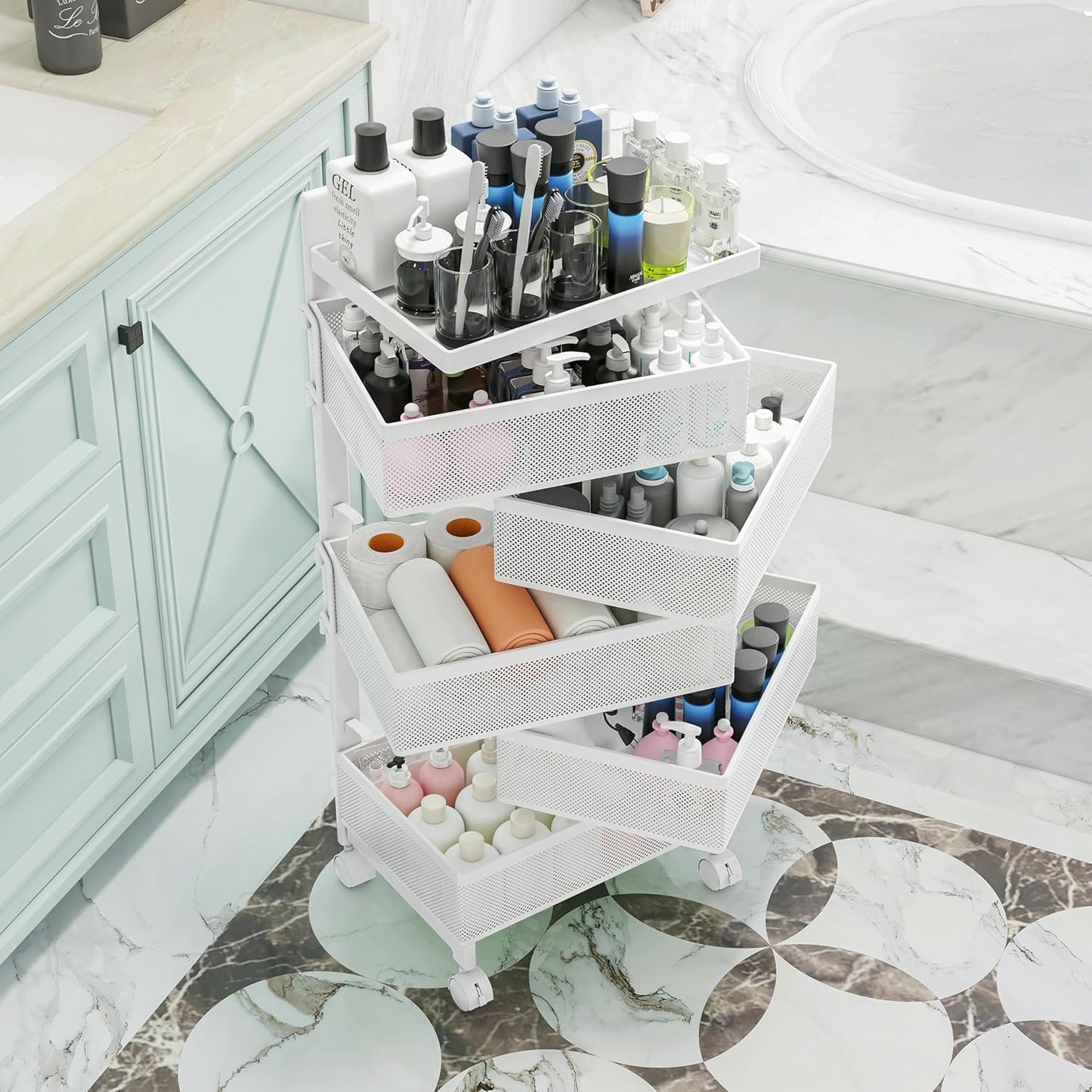 Fruit Basket for Kitchen No Assembly, Rolling Rotating Storage Cart,Bathroom Shelf,Mobile Metal Utility Storage Cart,Potato and Onion Storage Drawer Cart(Bright White, 5 Tier-Square)