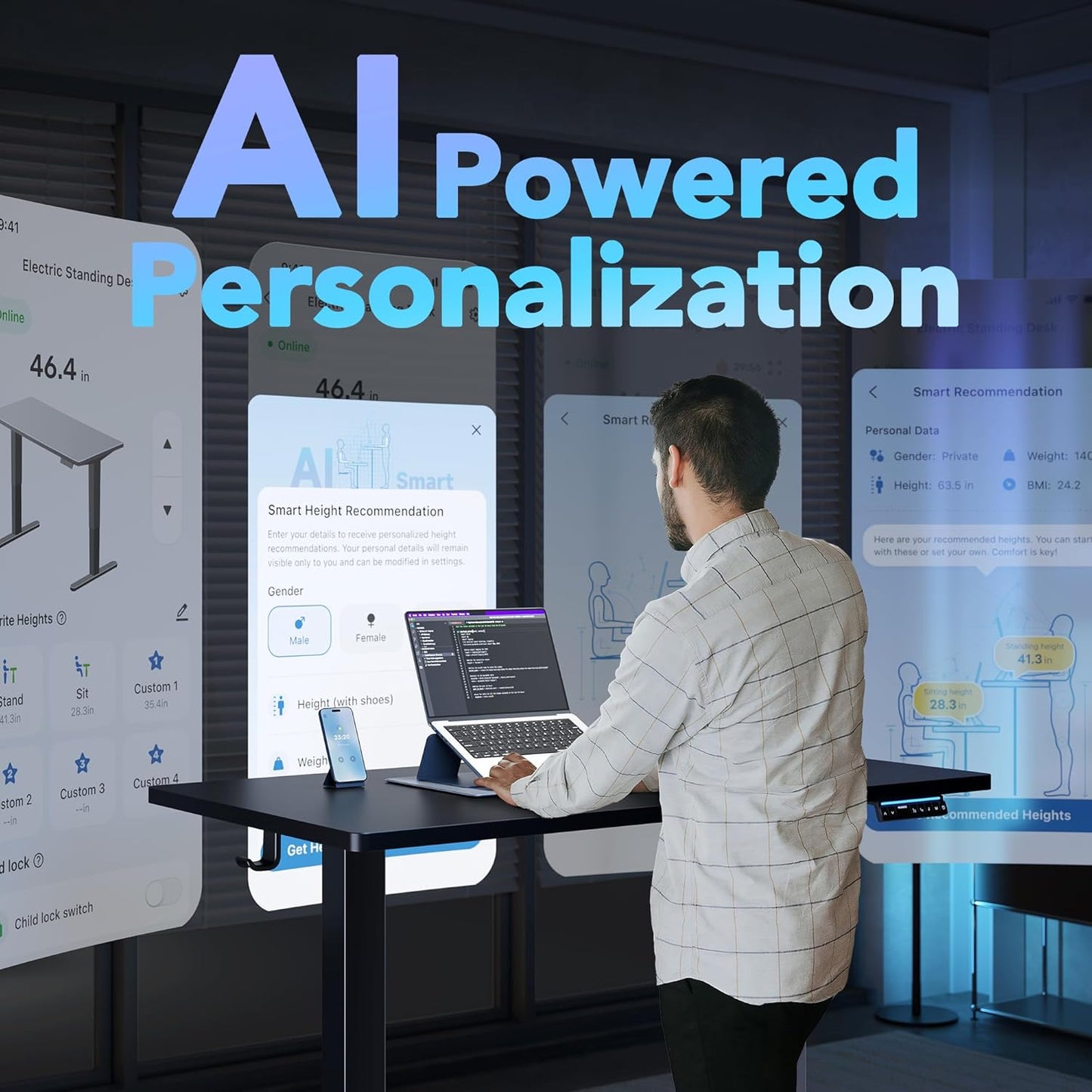 HUANUO One-Piece 48 inch Electric Standing Desk, Smart APP, Alexa & Google Voice Control, Wi-Fi, Adjustable Height, 6 Memory Settings, Sedentary Reminder, Posture & Neck Care, Black