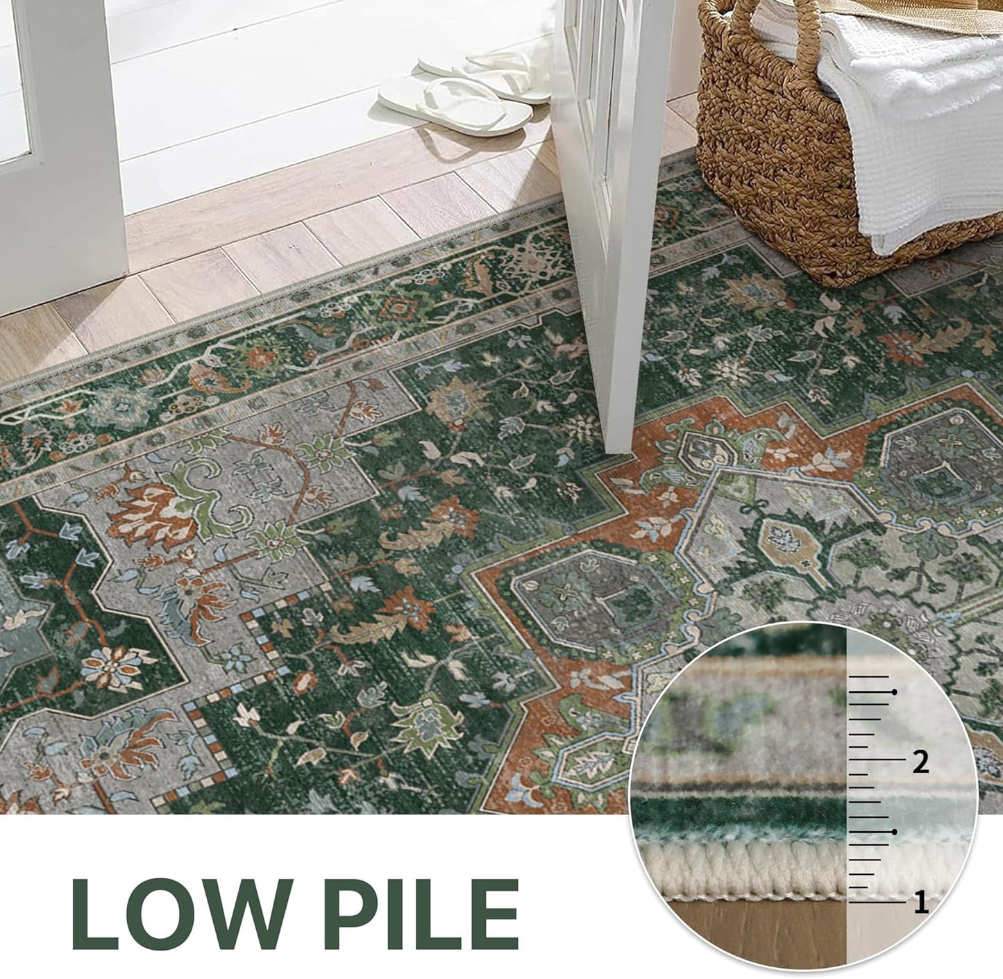 GENIMO 2x10 Runner Rugs for Hallway, Machine Washable Non Slip Vintage Rugs, Low Pile Lightweight Soft Print Rug for enrtyway, Corridor, Home Office, Kitchen,Pine Green